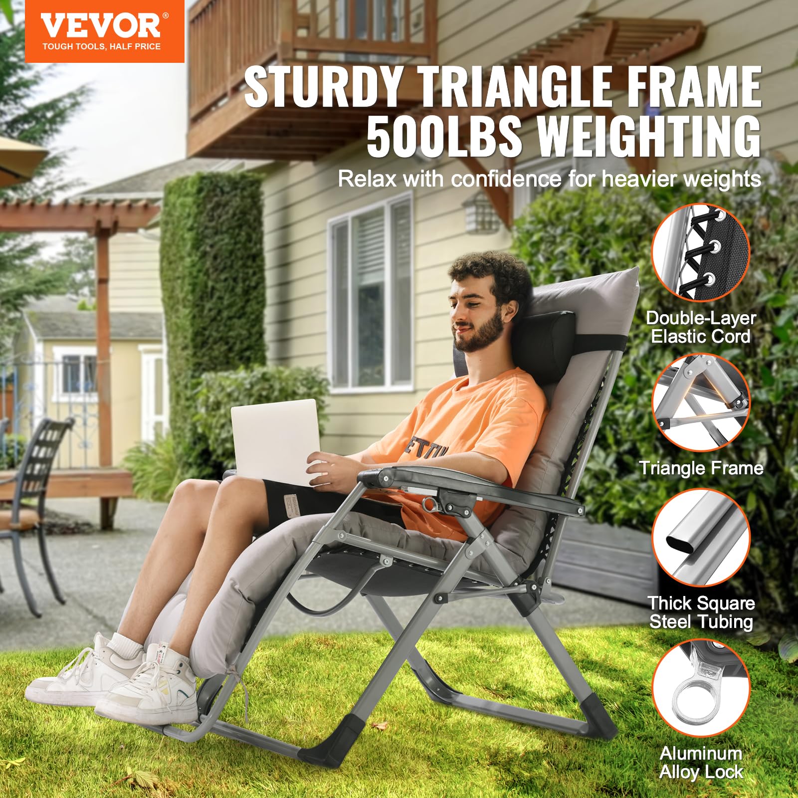 VEVOR Zero Gravity Chair 33 Inch - Adjustable Recliner Lounge Chair for Indoor & Outdoor Use with Cushion, Headrest, Footrest & Cup Holder - Supports 500 lbs - Perfect for Patio, Poolside, Camping & Backyard Relaxation (Gray)