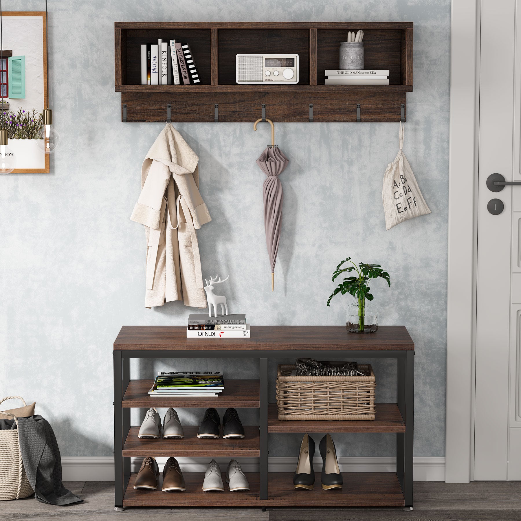 5 in 1 Coat Rack Shoe Bench Set with Wall Mounted Shelf - Space Saving Entryway Organizer for Hats, Bags & Shoes | Perfect for Hallway, Mudroom or Foyer Decor