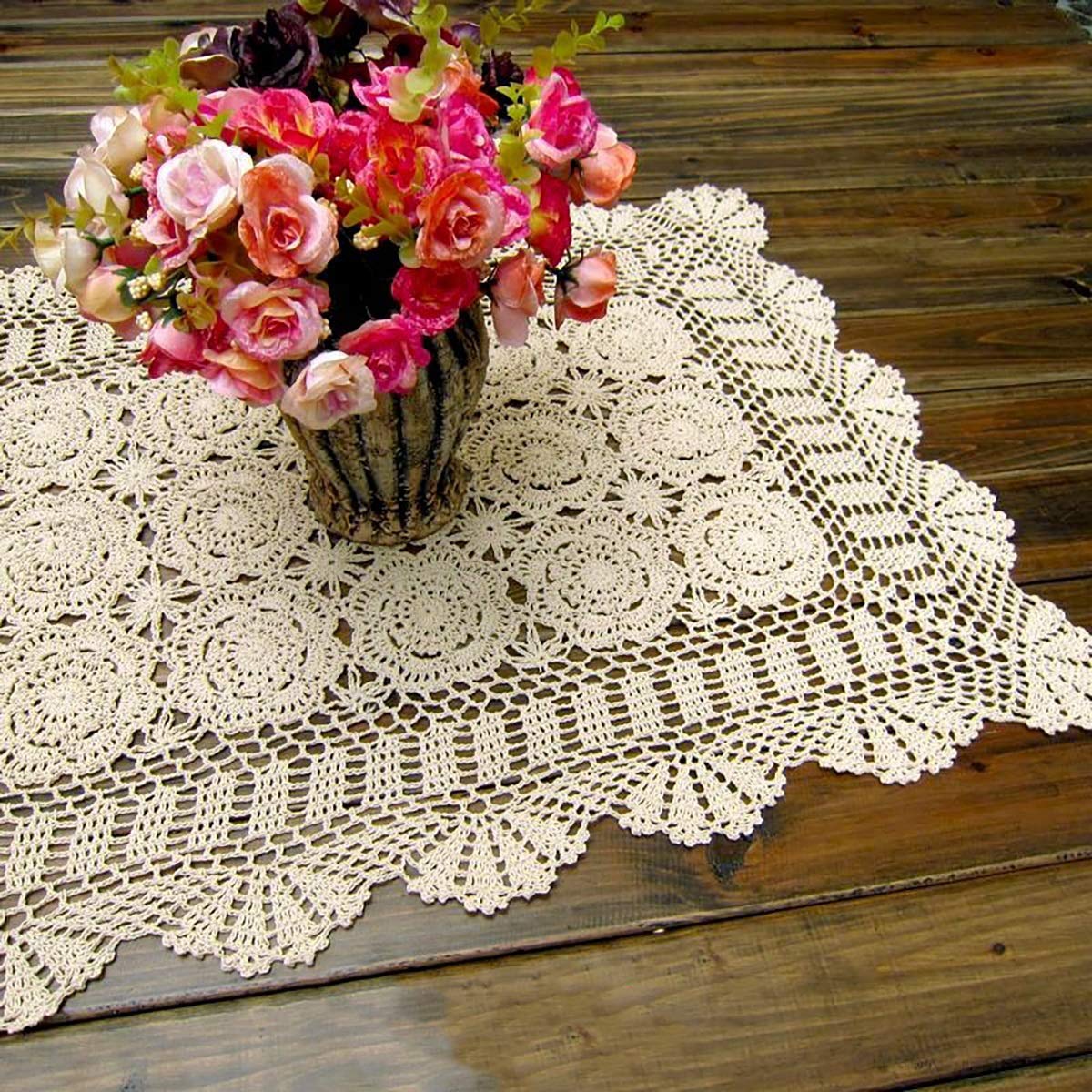 Handmade Beige Crochet Cotton Table Runner & Lace Doilies Set - 20x35 Inches - Elegant Dresser Scarves for Bedroom Decor, Wedding, Tea Party & Vintage Home Styling