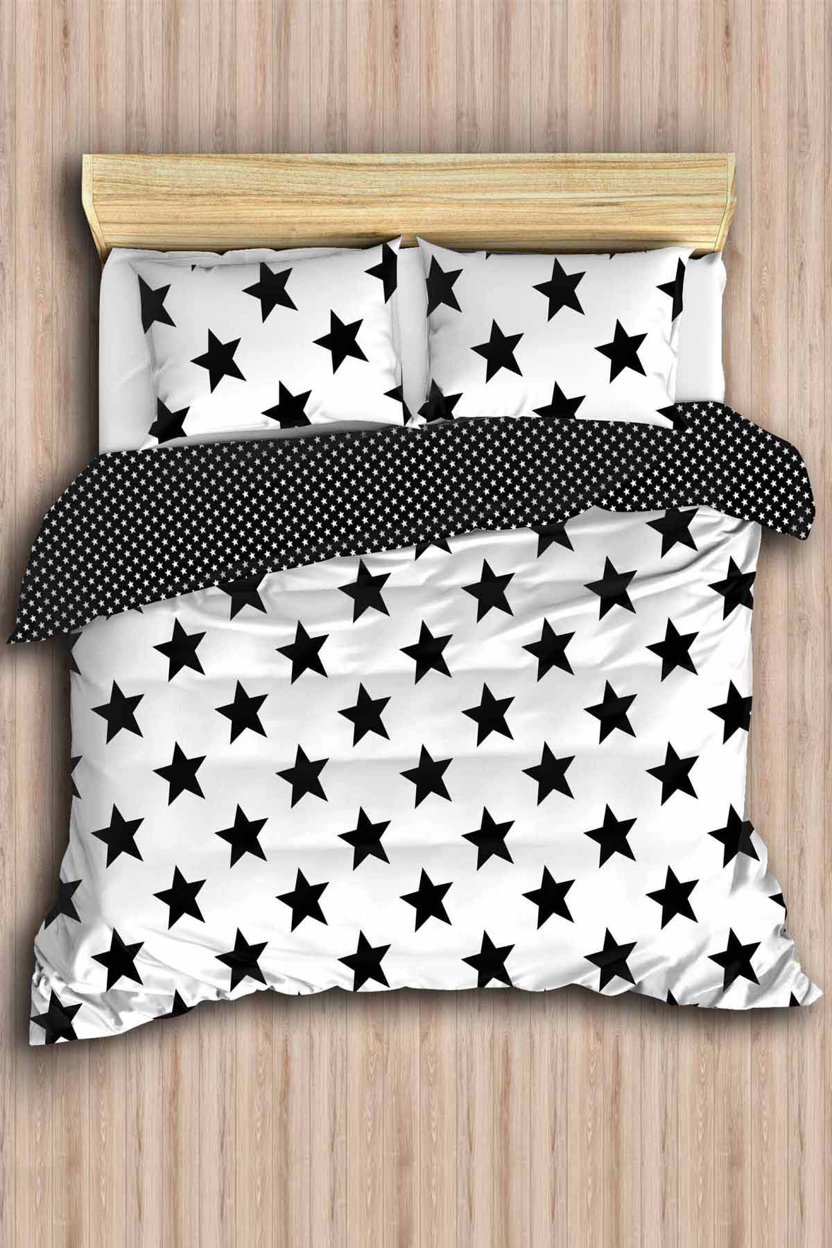 Stars Bedding Set - Full/Queen Size Reversible Quilt & Duvet Cover Set for Girls & Boys, Black & White, 5-Piece Comforter Set - Perfect for Kids' Rooms, Guest Bedrooms & Dorm Decor