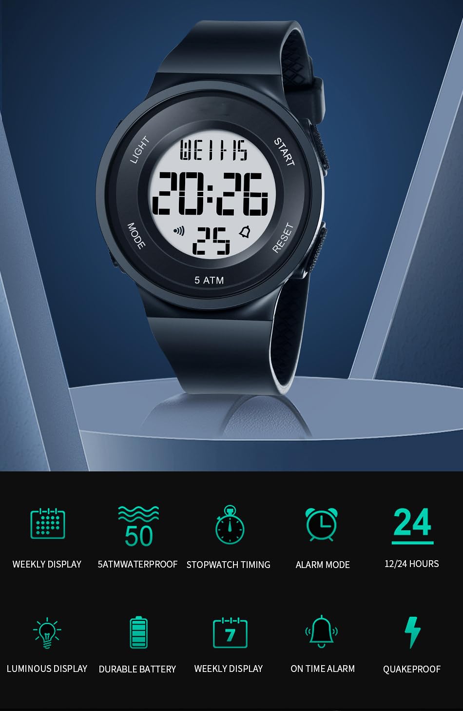 Women's LED Digital Sports Watch - Waterproof 5Bar, Alarm Clock, Silicone Strap for Outdoor Running, Gym & Daily Wear | Fashionable & Functional Timepiece
