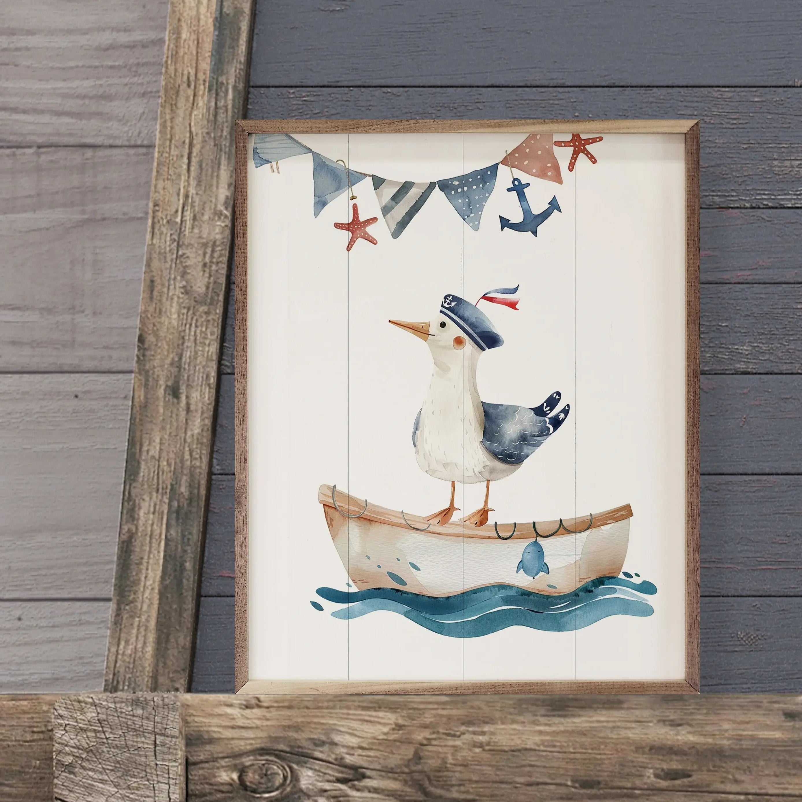 Adorable Sailor Wood Framed Wall Art Print - Nautical Decor for Bedroom, Living Room & Office - Perfect Coastal Home Decor Gift