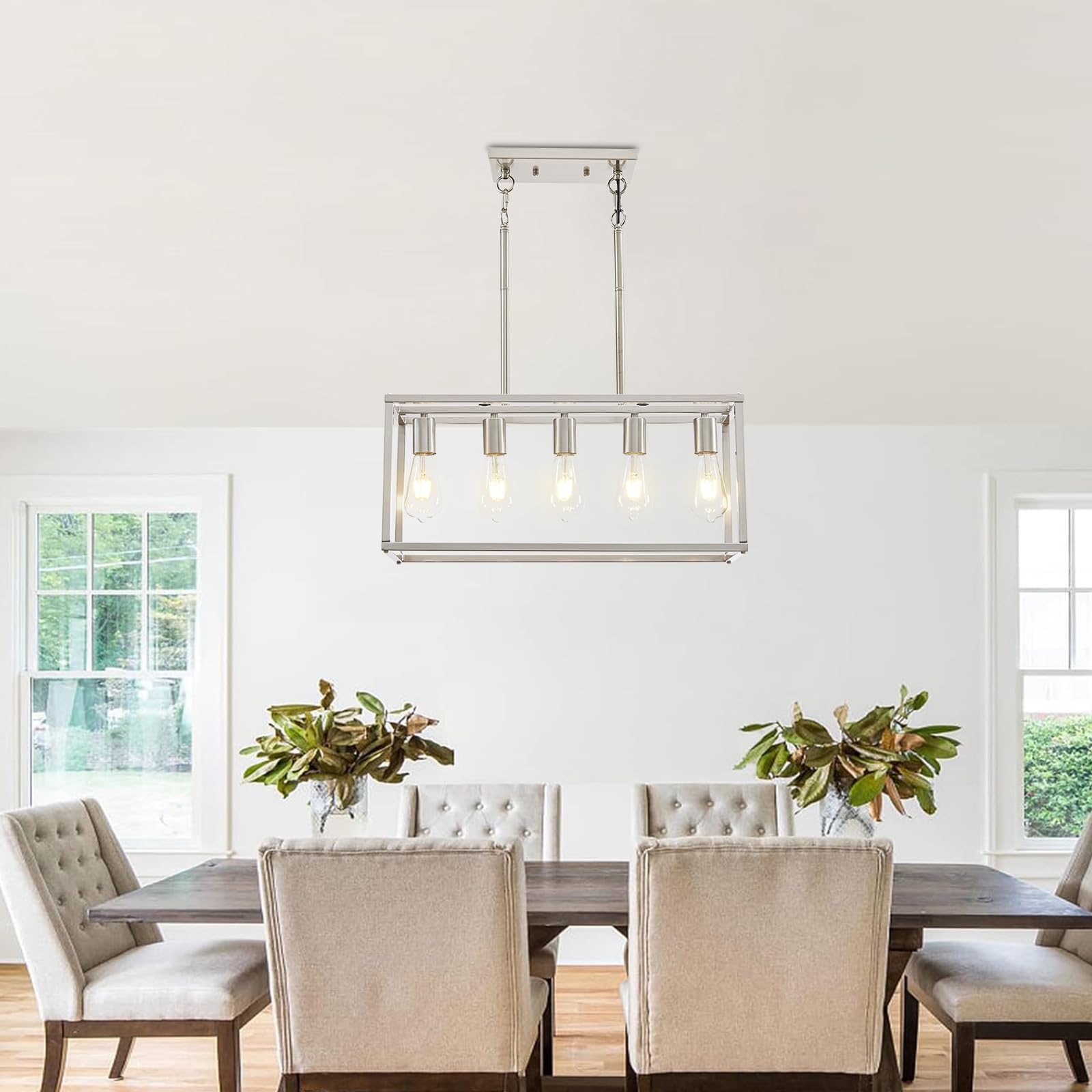 5-Light Modern Linear Pendant Lighting for Kitchen Island & Dining Room - Adjustable Height Brushed Nickel Chandelier with E26 Base - Perfect for Contemporary Home Decor & Restaurant Lighting
