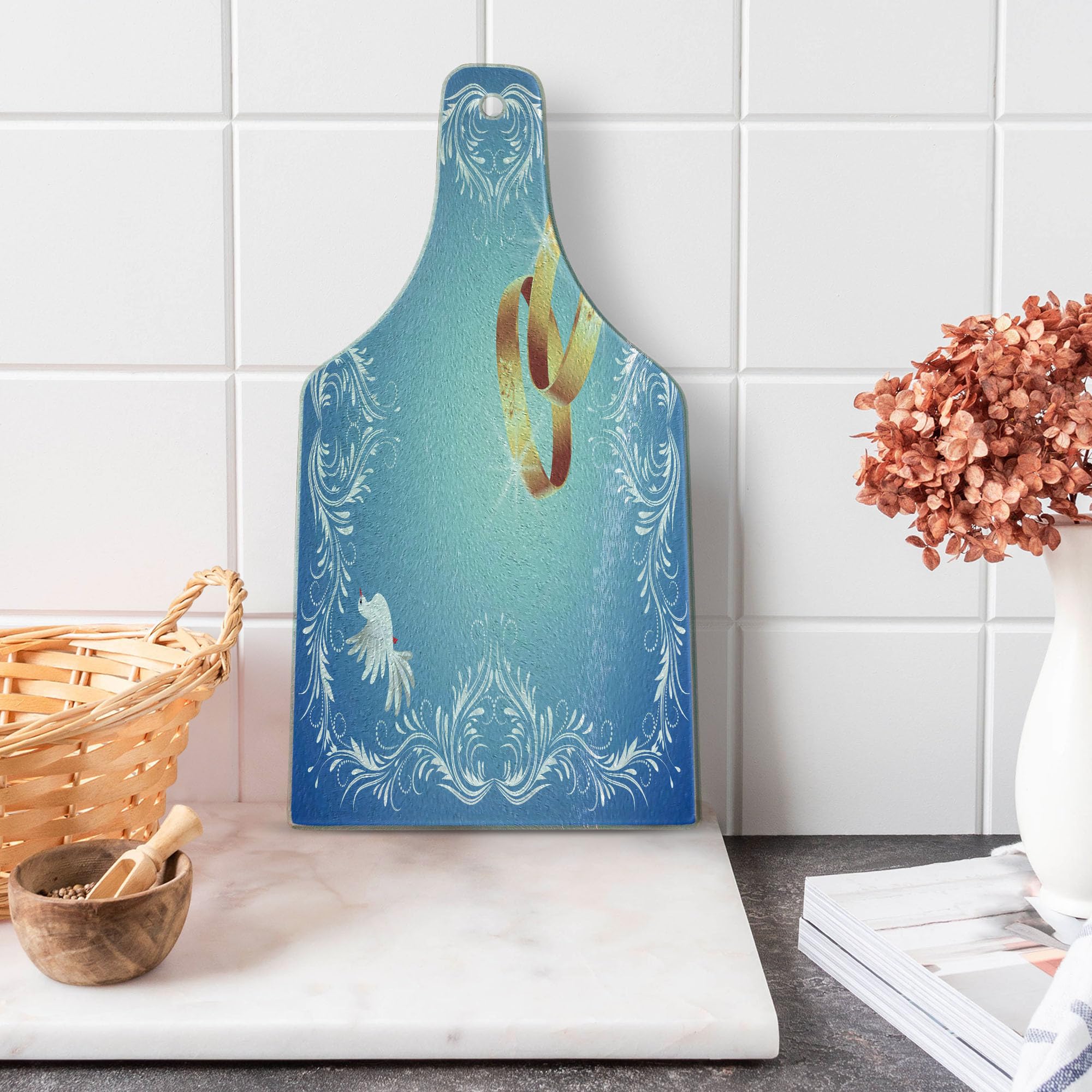 Ambesonne Wedding Cutting Board - Heart Shaped with Flying Doves & Wedding Rings - Tempered Glass Serving Tray for Wine Bottles - Blue White & Caramel - Perfect for Anniversary Gifts, Bridal Showers & Romantic Dinner Serving