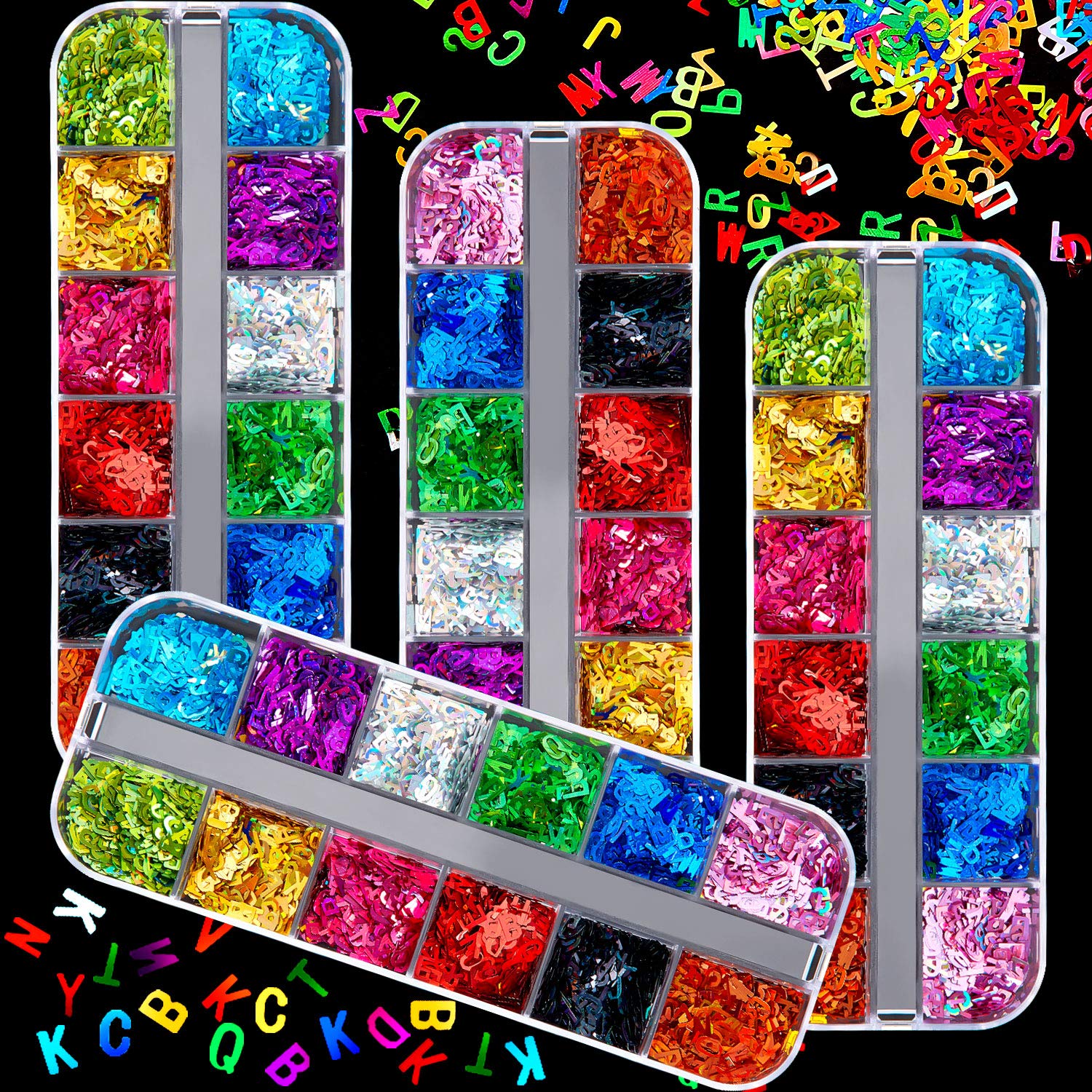 48 Boxes Holographic Alphabet Nail Sequins - 26 Letters 3D Nail Decals, Mixed Glitter Flakes & Laser Confetti for Professional Nail Art Designs - Perfect for Nail Salons, DIY Manicures, and Special Occasion Nail Decorations