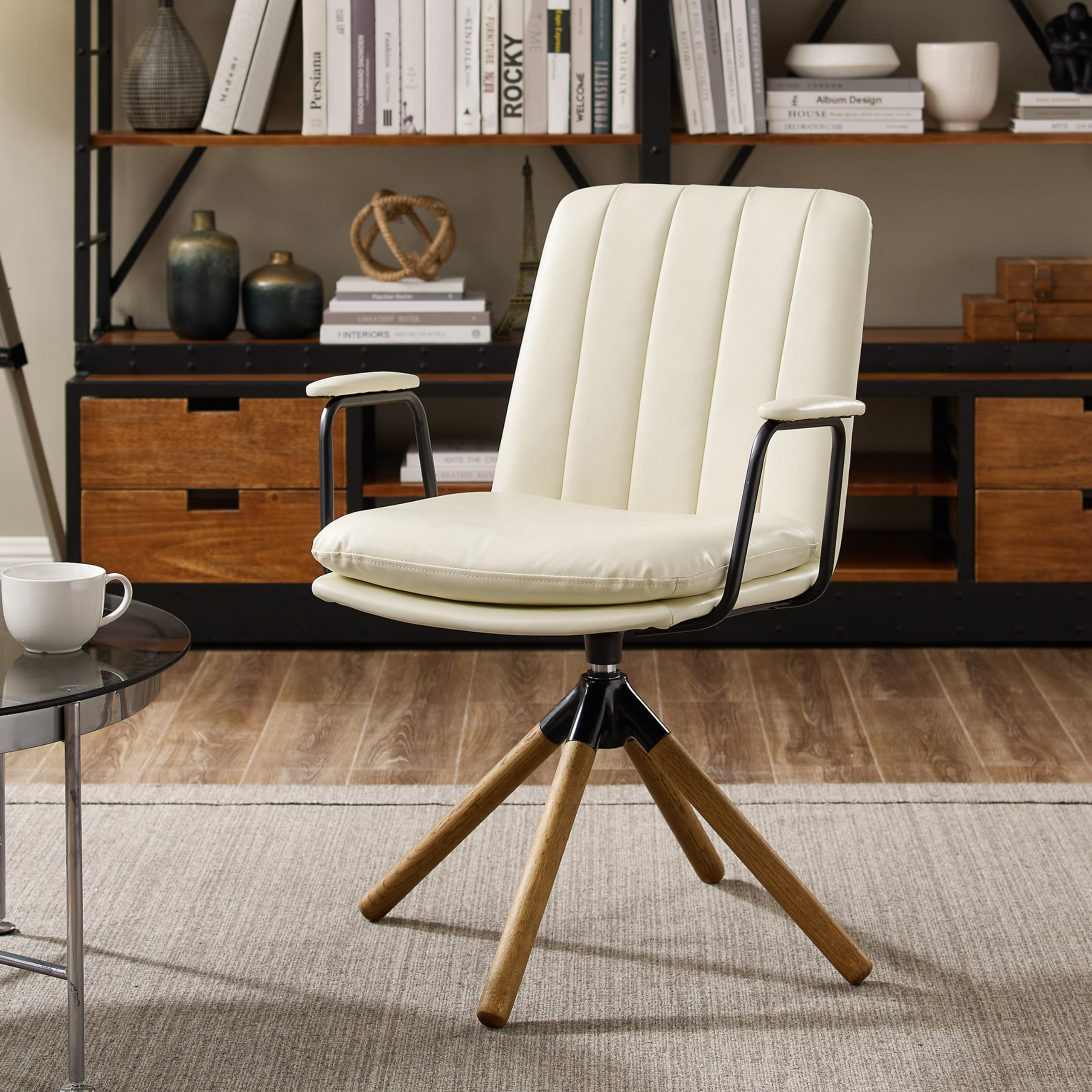 Zouron Mid Century Modern Office Chair - Ergonomic Swivel Desk Chair with PU Leather & Oak Wood Legs, Off-White (No Wheels) - Perfect for Home Office, Living Room & Workspace