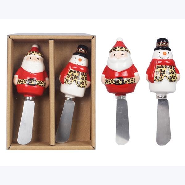 Young's Inc Christmas Snowman & Santa Leopard Cheese Knives Set of 2 - Ceramic Cheese Spreaders for Holiday Entertaining, Cheese Boards, Jam & Peanut Butter - Stainless Steel Handles - Perfect for Christmas Gifts & Party Serving