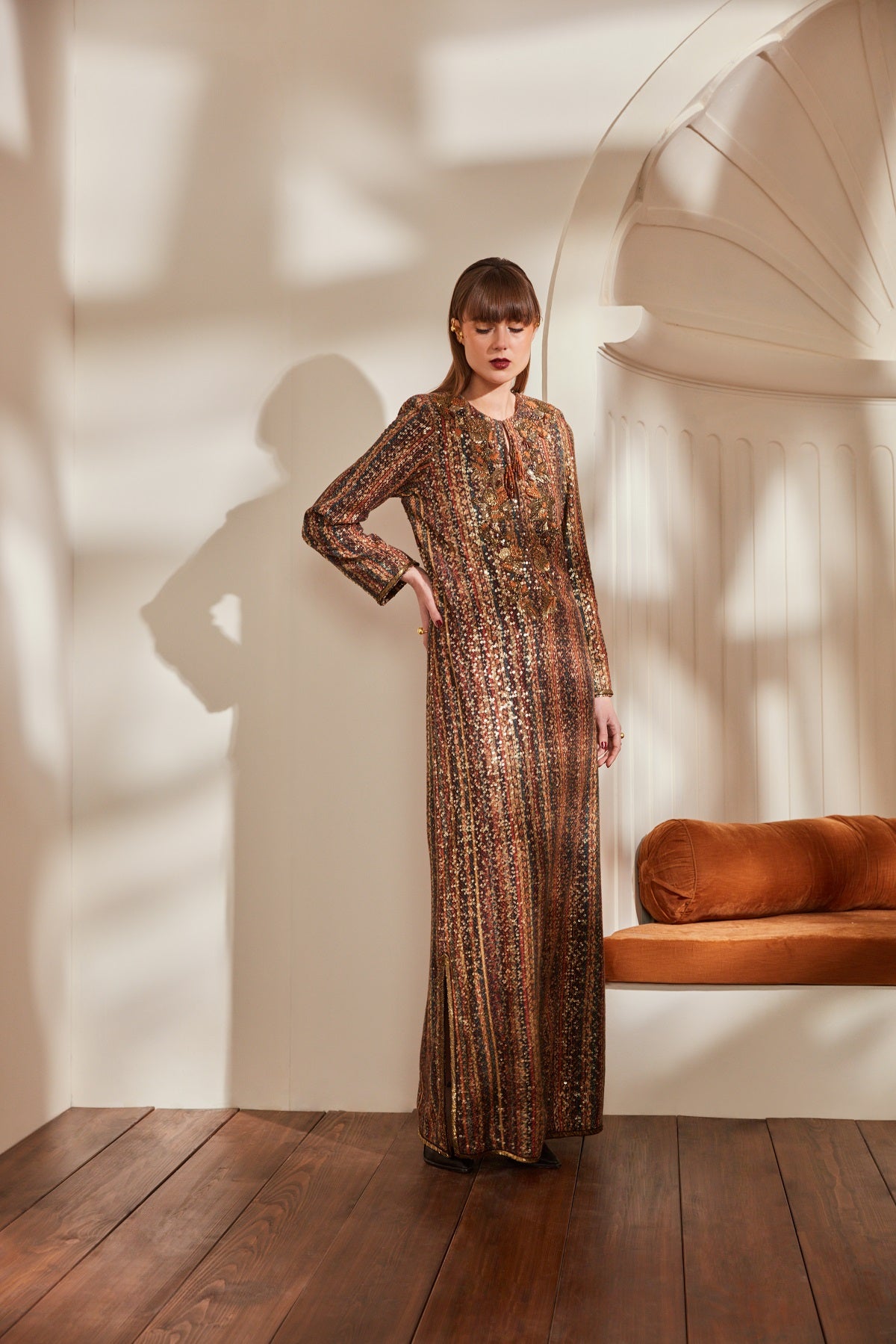 Elegant Stripe Print Sheeted Slit Dress with Baroque Hand Embroidery - Perfect for Evening Parties and Special Occasions