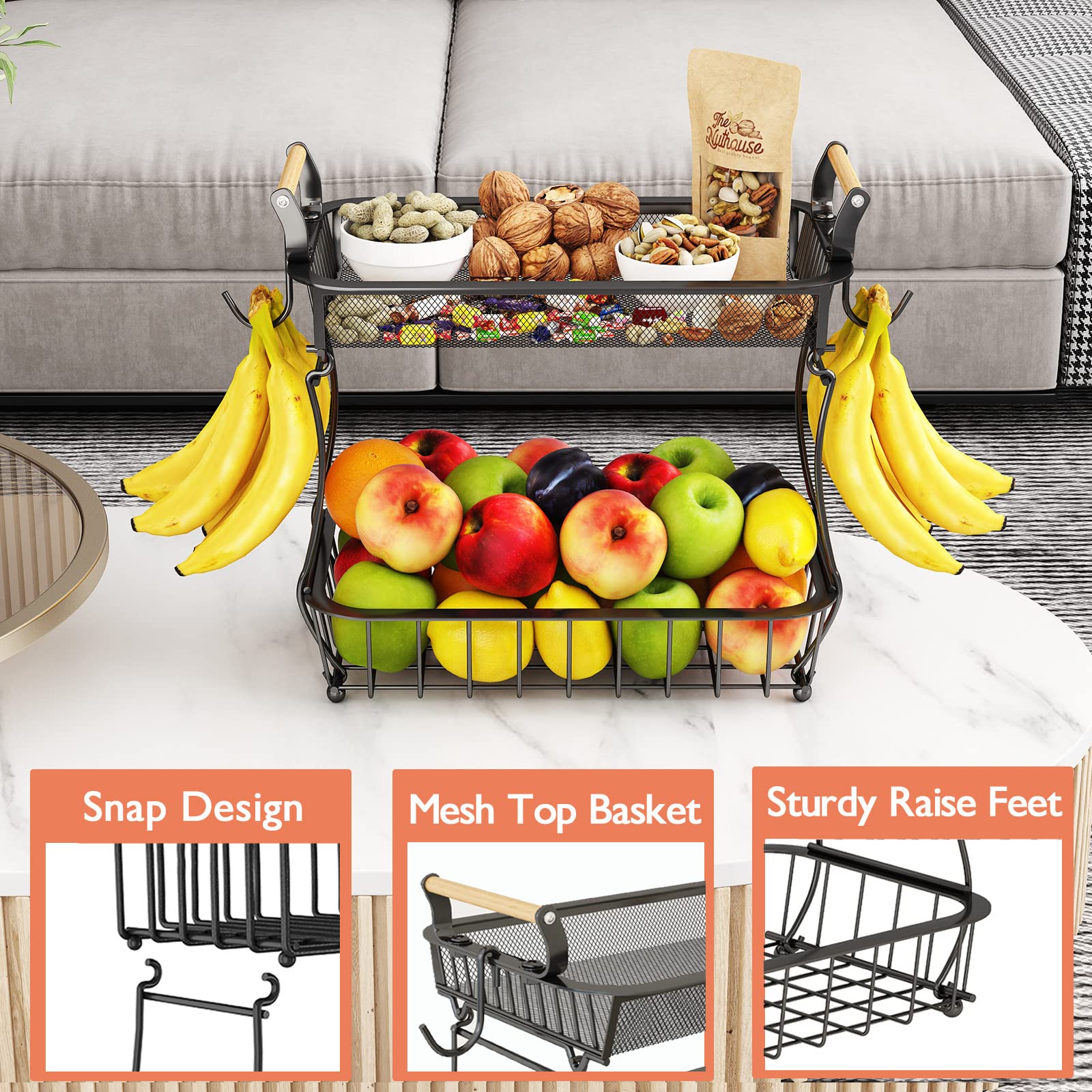 2-Tier Metal Fruit Basket with Banana Hangers - Countertop Kitchen Organizer for Fruits, Vegetables, Onions, Potatoes, Bread & Snacks - Perfect for Pantry, Dining Table & Countertop Storage