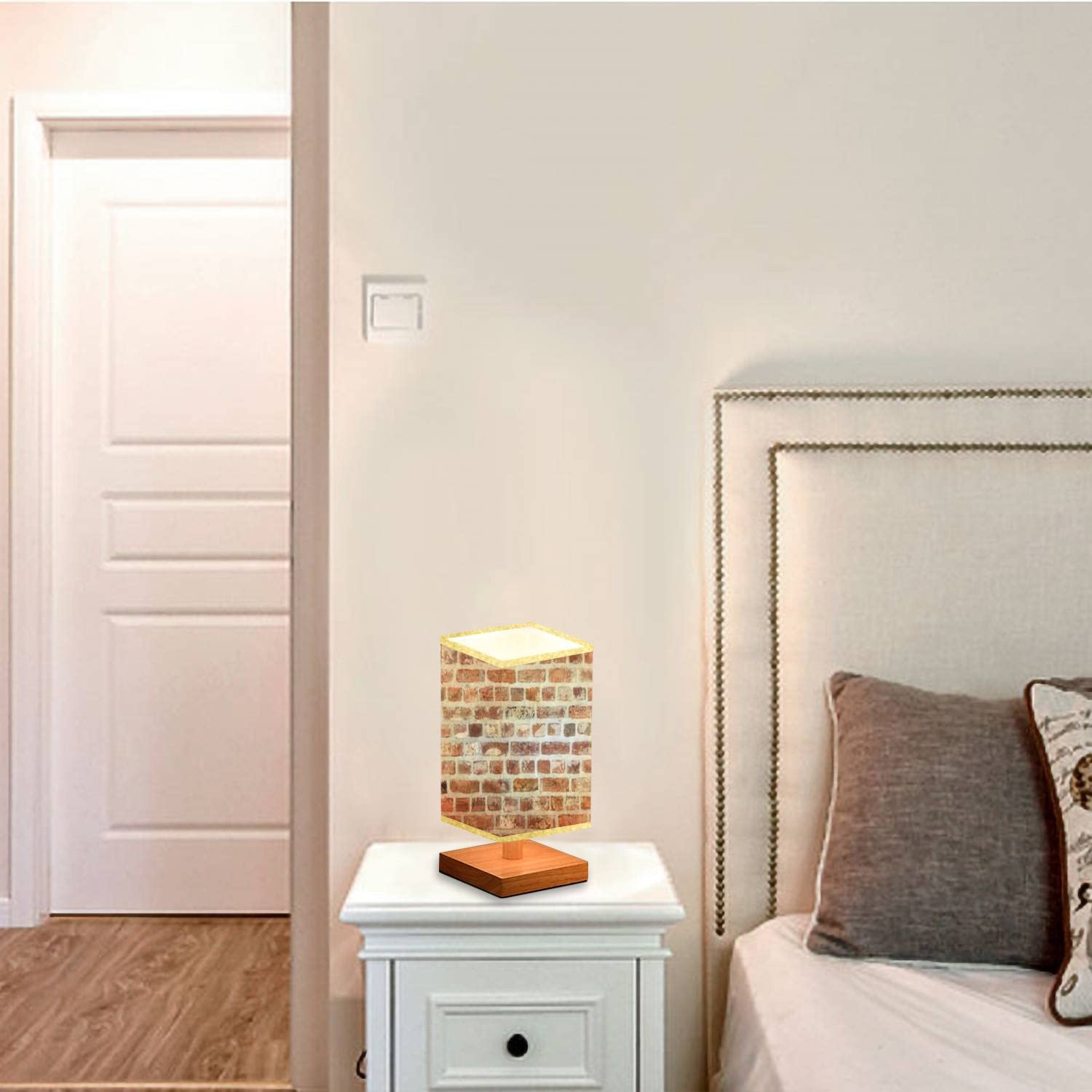 Vintage Red Brick Wall Square Bedside Table Lamp with Wooden Base & Flaxen Fabric Shade - Dimmable Nightstand Lamp for Bedroom, Living Room, Office - Perfect for Reading, Relaxing & Creating Cozy Ambiance