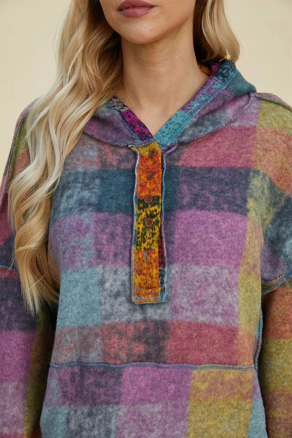 Double Take Full Size Plaid Dropped Shoulder Hoodie - Cozy Oversized Sweatshirt for Men & Women - Perfect for Casual Wear, Loungewear, and Outdoor Activities