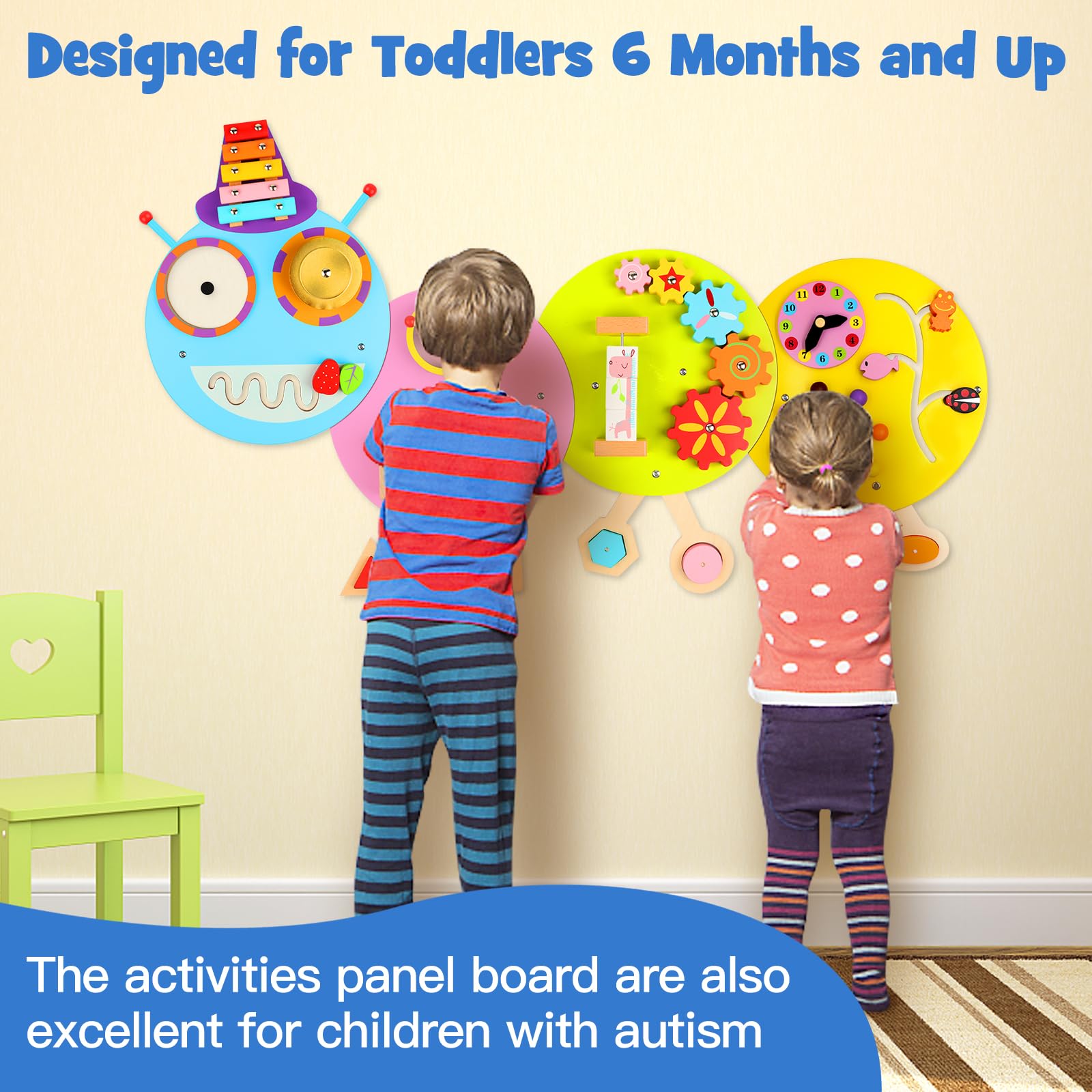 Caterpillar Sensory Wall Toy for Toddlers - 12-Activity Montessori Busy Board, Wall-Mounted Educational Toy for Daycares & Bedrooms - Perfect for Sensory Play & Early Learning