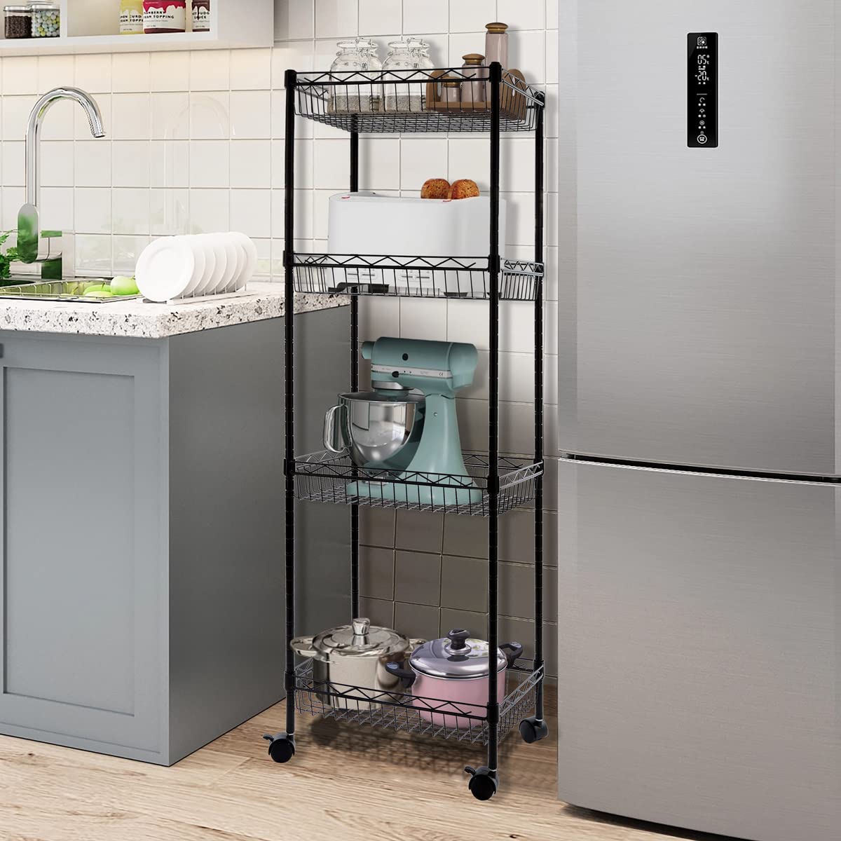 REGILLER 4-Tier Metal Wire Storage Shelving Rack with Baskets - Adjustable Corner Shelf Organizer for Laundry, Bathroom, Kitchen, Pantry, Closet & Garage - Heavy Duty Tool Storage Shelf (Black) | Perfect for Organizing Cleaning Supplies, Toys, Books & Home Essentials