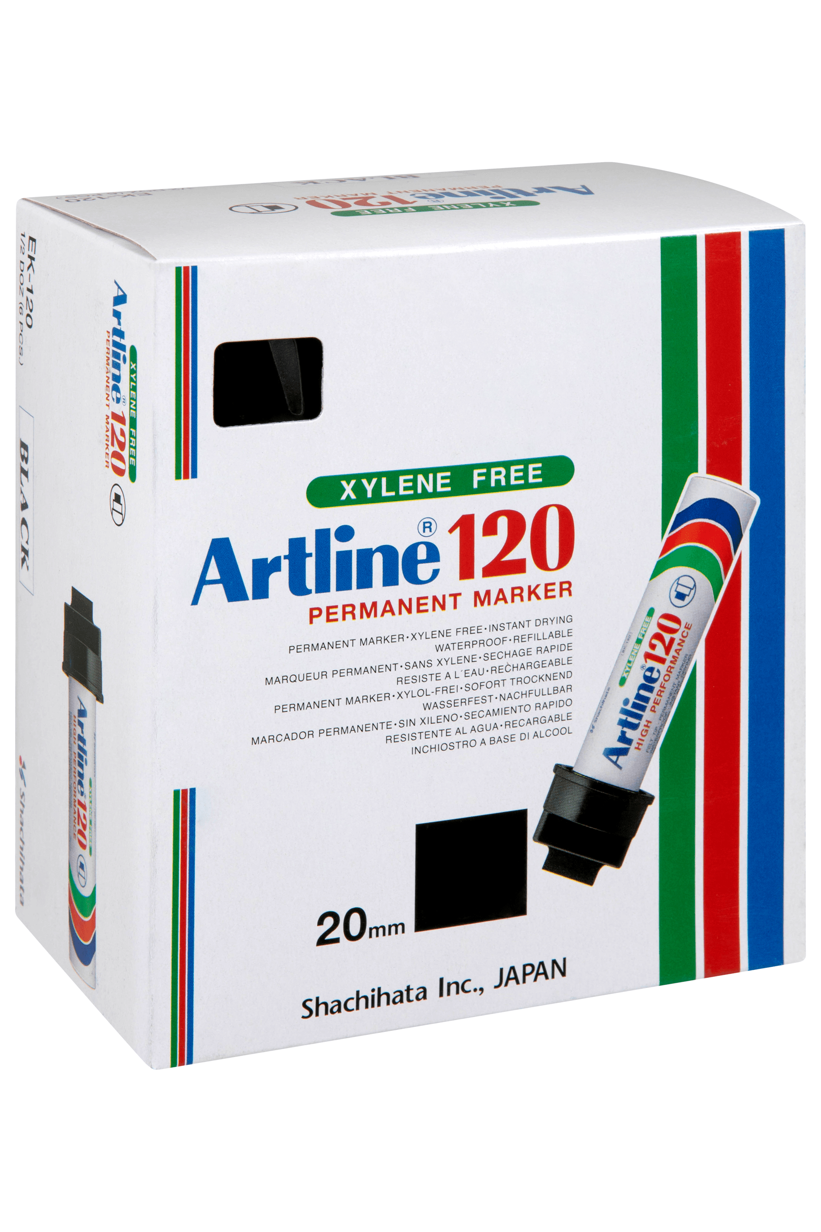 Artline 120 Permanent Marker - 20mm Wedge Nib, Black Ink (6-Pack) - Ideal for Labeling, Crafts, and Industrial Use
