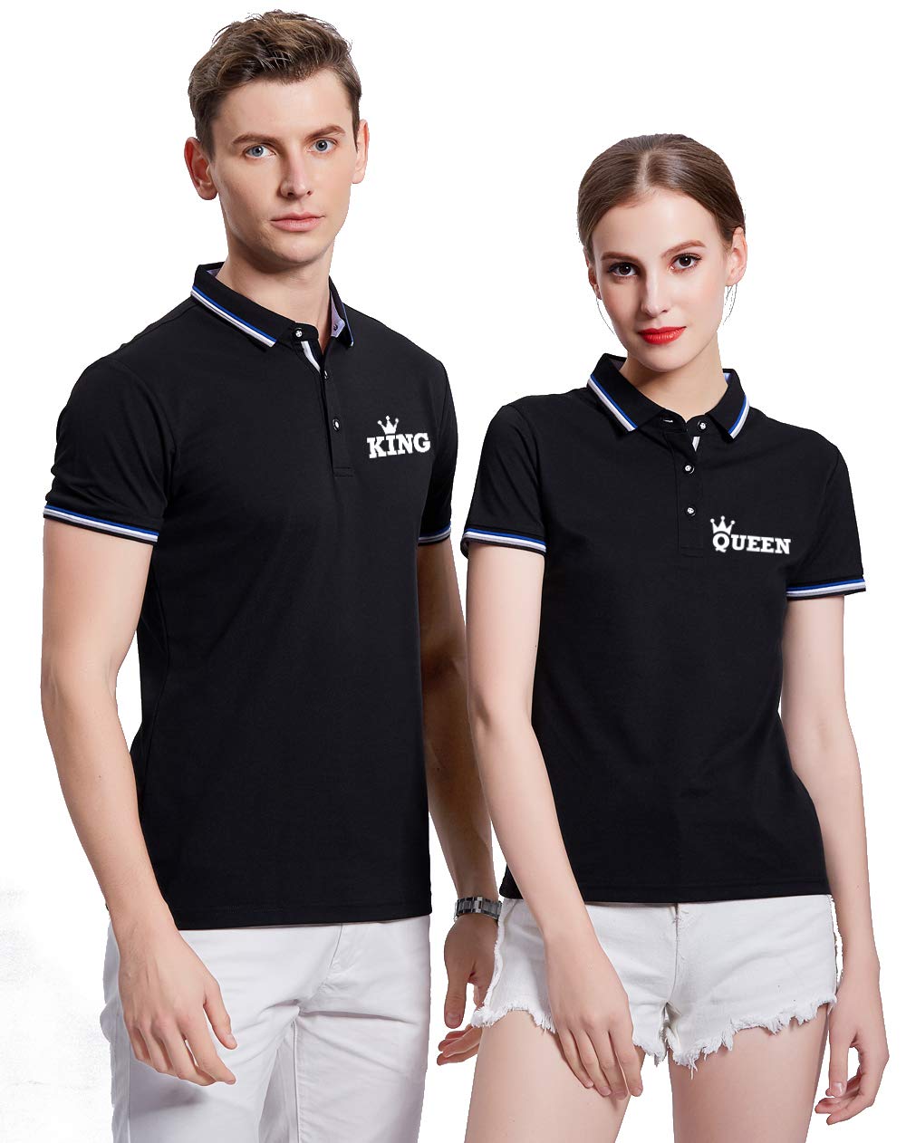 King & Queen Matching Couple Polo Shirts Set - Slim Fit Cotton Shirts for Men & Women - Perfect for Anniversaries, Date Nights & Couple Photoshoots