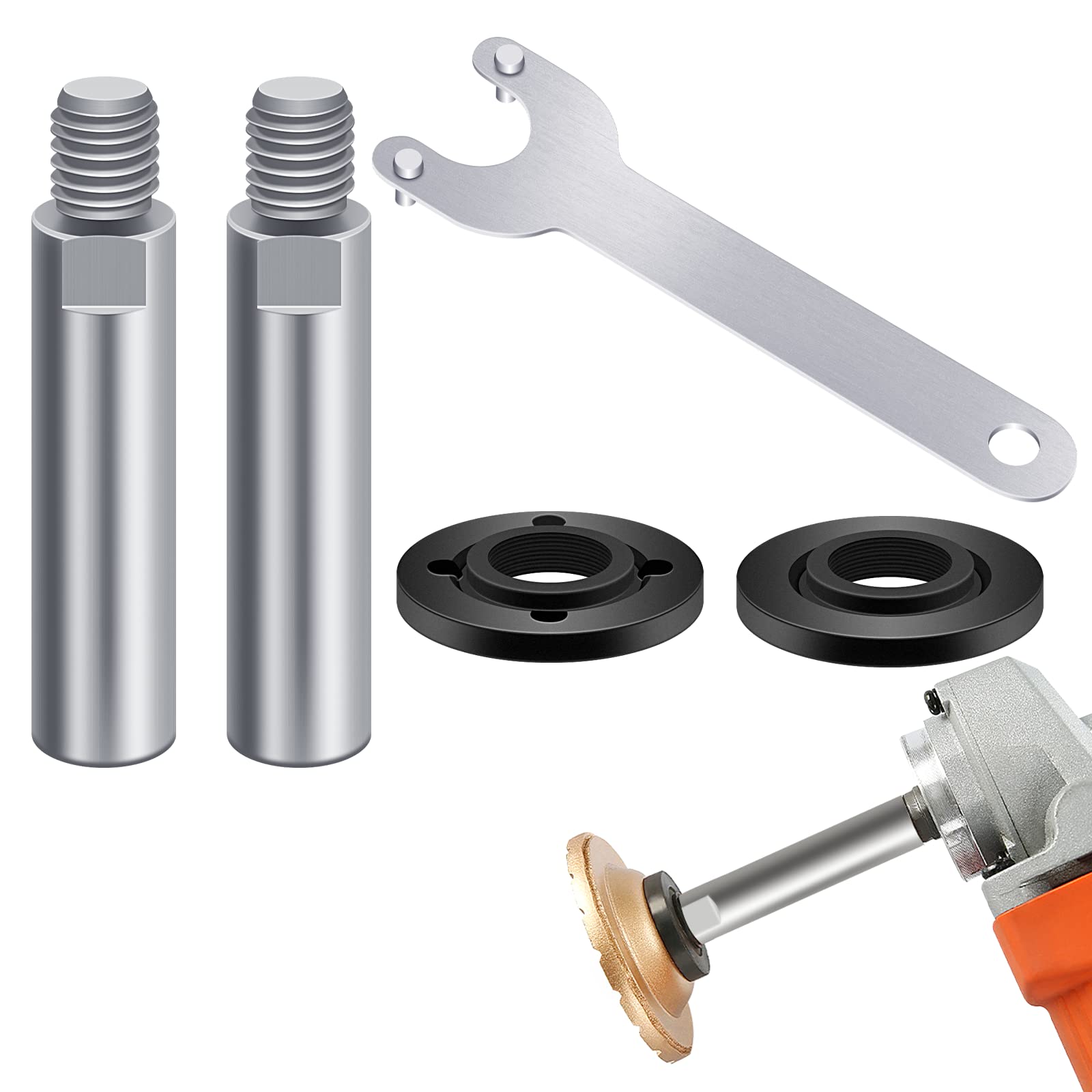 5-Pack Angle Grinder Accessories Kit - 5/8-11 Locknut Spanner Wrench, Flange Nut & 2PCS 100mm Extension Shafts - Compatible with Makita, DeWalt, Bosch, Ryobi & Black+Decker - Perfect for Metal Cutting, Grinding & Polishing Projects
