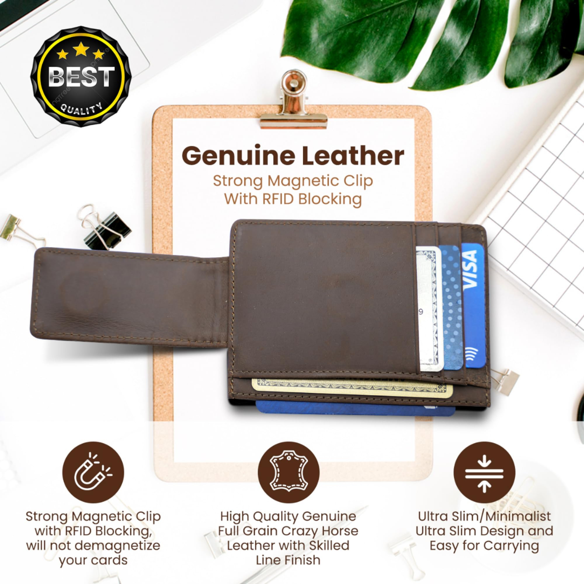 Personalized Leather Magnetic Money Clip Wallet for Men - RFID Blocking Credit Card Holder with ID Window & Strong Magnetic Clip - Laser Engraved Minimalist Wallet (Dark Brown) - Perfect Gift for Business Travel & Everyday Carry