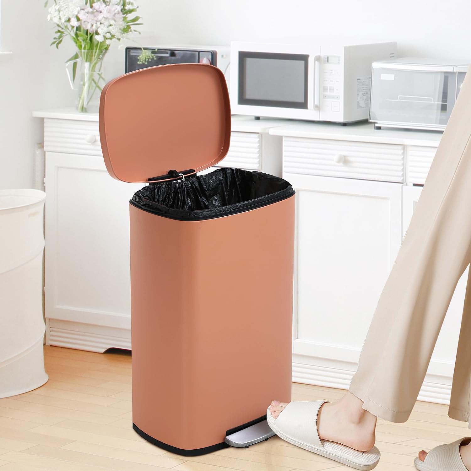 BLKMTY 13 Gallon Stainless Steel Step Trash Can with Lid & Inner Bucket - Odor-Proof Kitchen Garbage Bin, Pedal-Operated Office Waste Basket (Pink) | Perfect for Kitchens, Bathrooms & Home Offices