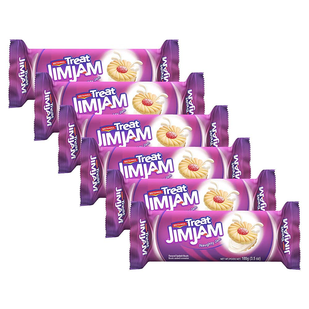 Britannia Treat Naughty Jim Jam Sandwich Biscuits 3.52oz (100g) - Pack of 6 - Delicious Strawberry Filled Cookies for Breakfast, Tea Time & Snacking - Perfect for Office, School Lunchboxes & Family Gatherings
