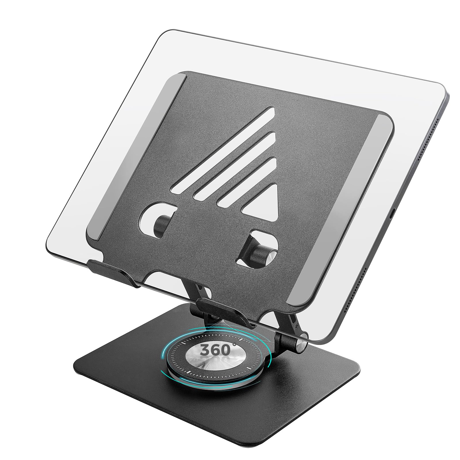 Adjustable & Foldable Tablet Stand for iPad Pro - 360° Rotating Base, Portable Monitor Stand for Desk - Perfect for Office, Home, or Travel (Black) - Ideal for Video Calls, Reading, and Hands-Free Viewing