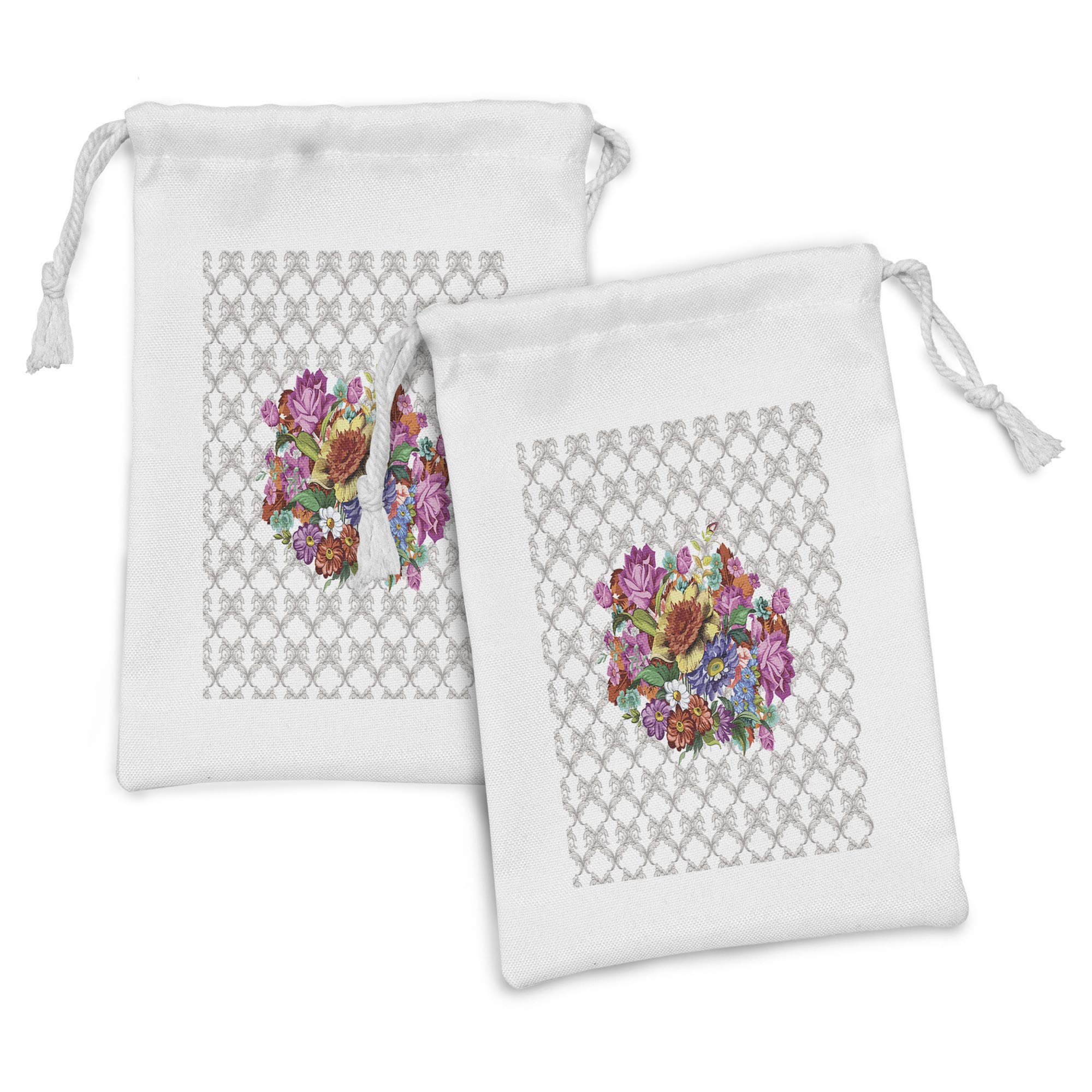Ambesonne Floral Fabric Pouch Set of 2 - Vintage Colorful Doodle Flowers Bouquet Victorian Damask Design - Small Drawstring Bags for Toiletries, Makeup, Jewelry & Travel Essentials (9
