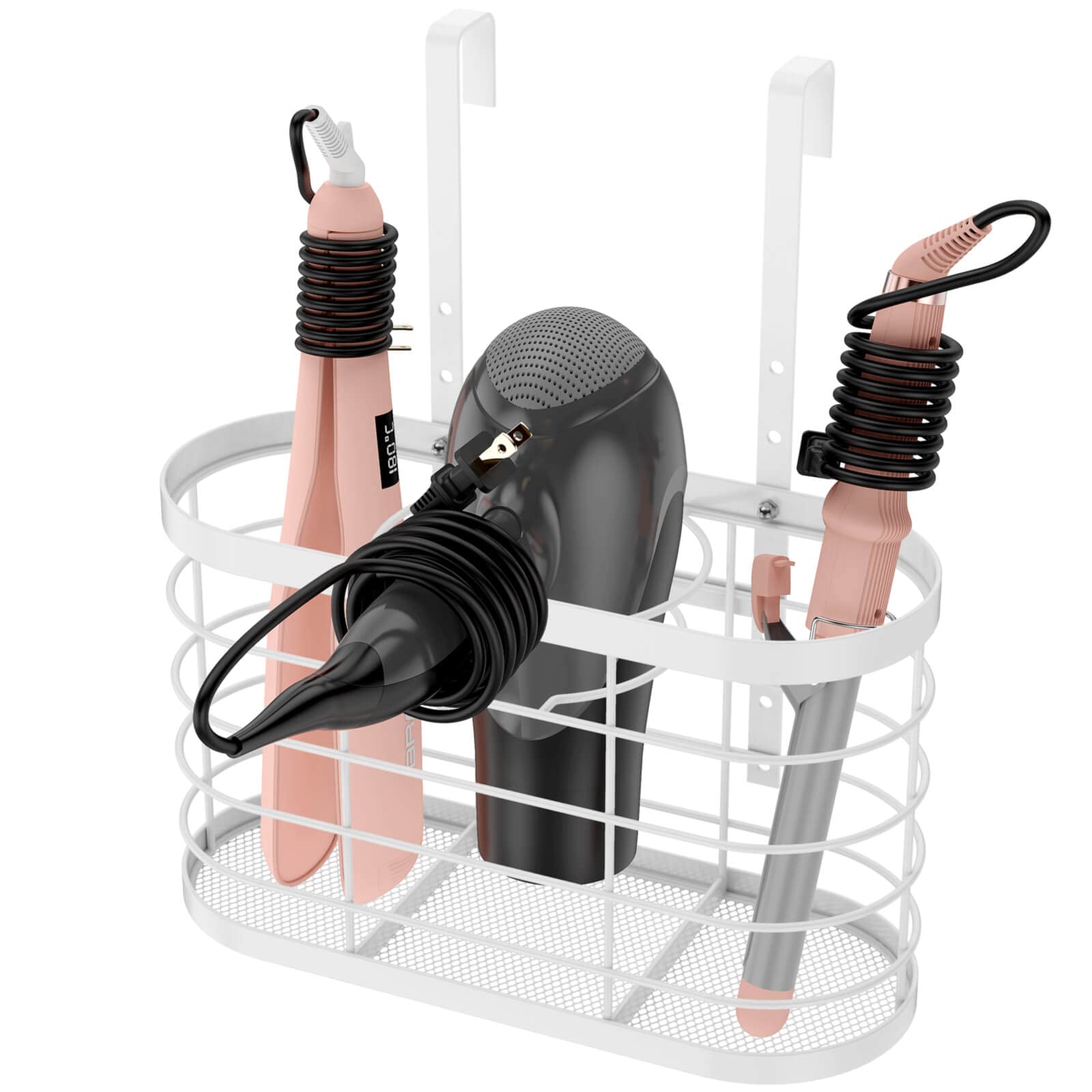 3-in-1 Adjustable Height Hair Dryer Holder & Styling Tool Organizer - Wall Mounted or Cabinet Door Storage for Hair Dryers, Flat Irons, Curling Wands - Perfect Bathroom & Under Sink Organization for Hair Styling Tools