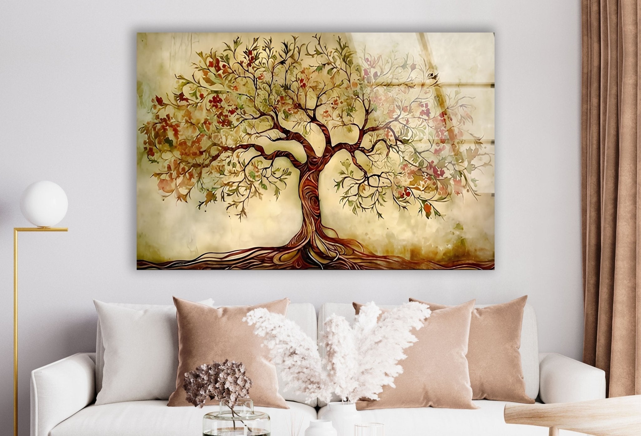 Elegant Beige Tree Glass Wall Art - Handmade Modern Home Decor for Living Room, Bedroom & Office - Perfect Gift for Housewarming & Holidays