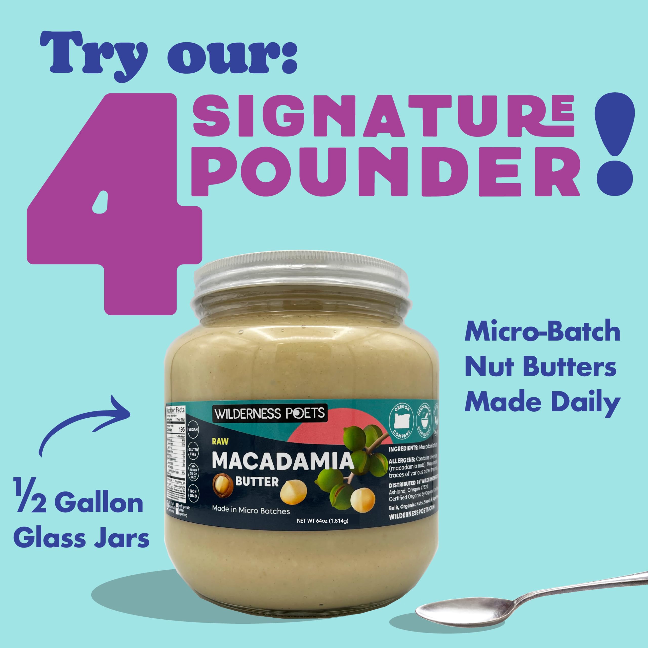 Organic Raw Macadamia Nut Butter - 64oz (4lb) Glass Jar - Vegan, Paleo, Keto-Friendly - Perfect for Smoothies, Baking & Healthy Snacks