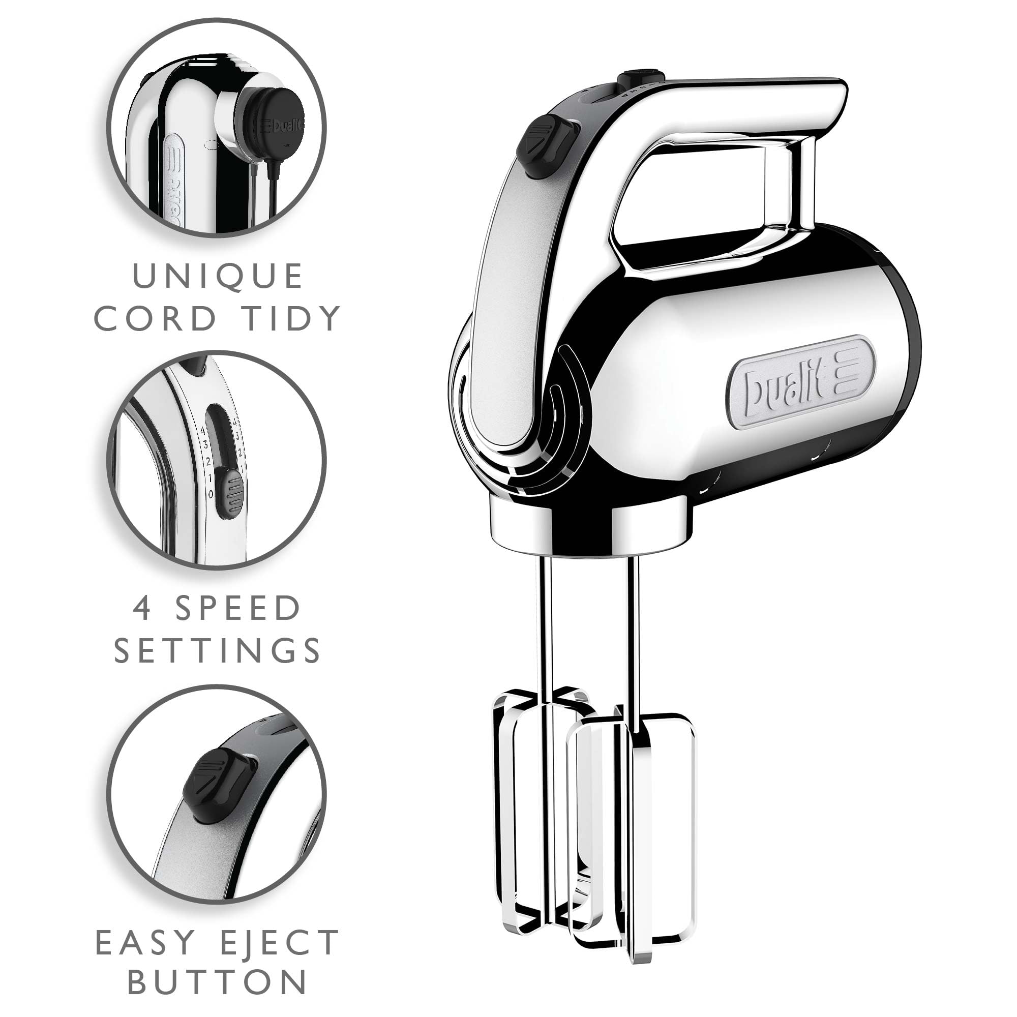 Dualit 400W Hand Mixer with Strong Grip Handle - Includes Flat Beaters, Dough Hooks & Balloon Whisk - 4 Speed Settings with Repairable Gears - Built-in Plug Storage - Perfect for Baking, Whipping Cream & Mixing Dough