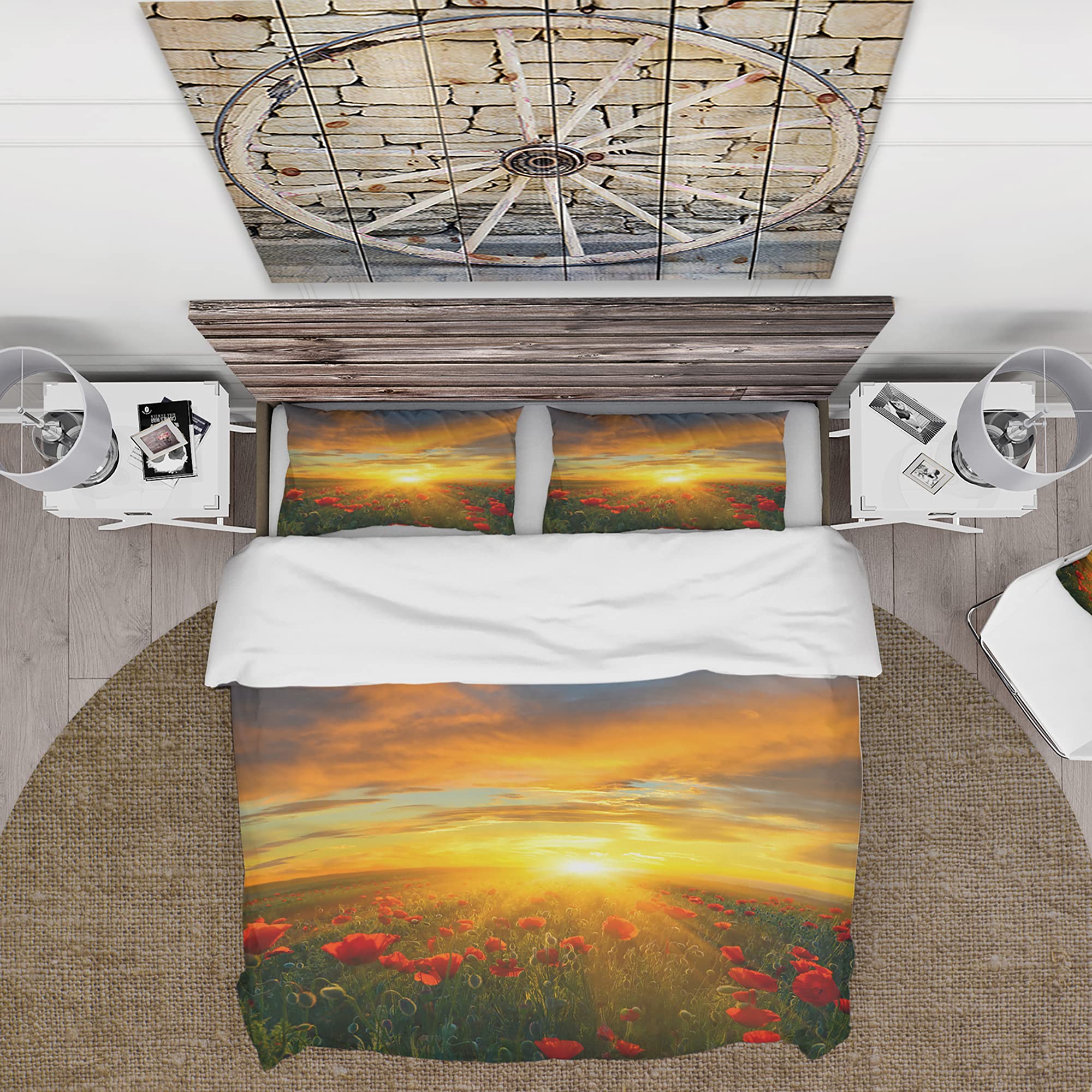 DesignQ Bright New Day Over Poppy Fields Nautical & Coastal Duvet Cover Set - King Size Red Floral Bedding 3-Piece Set | All Season Comfort for Coastal Themed Bedrooms & Guest Rooms
