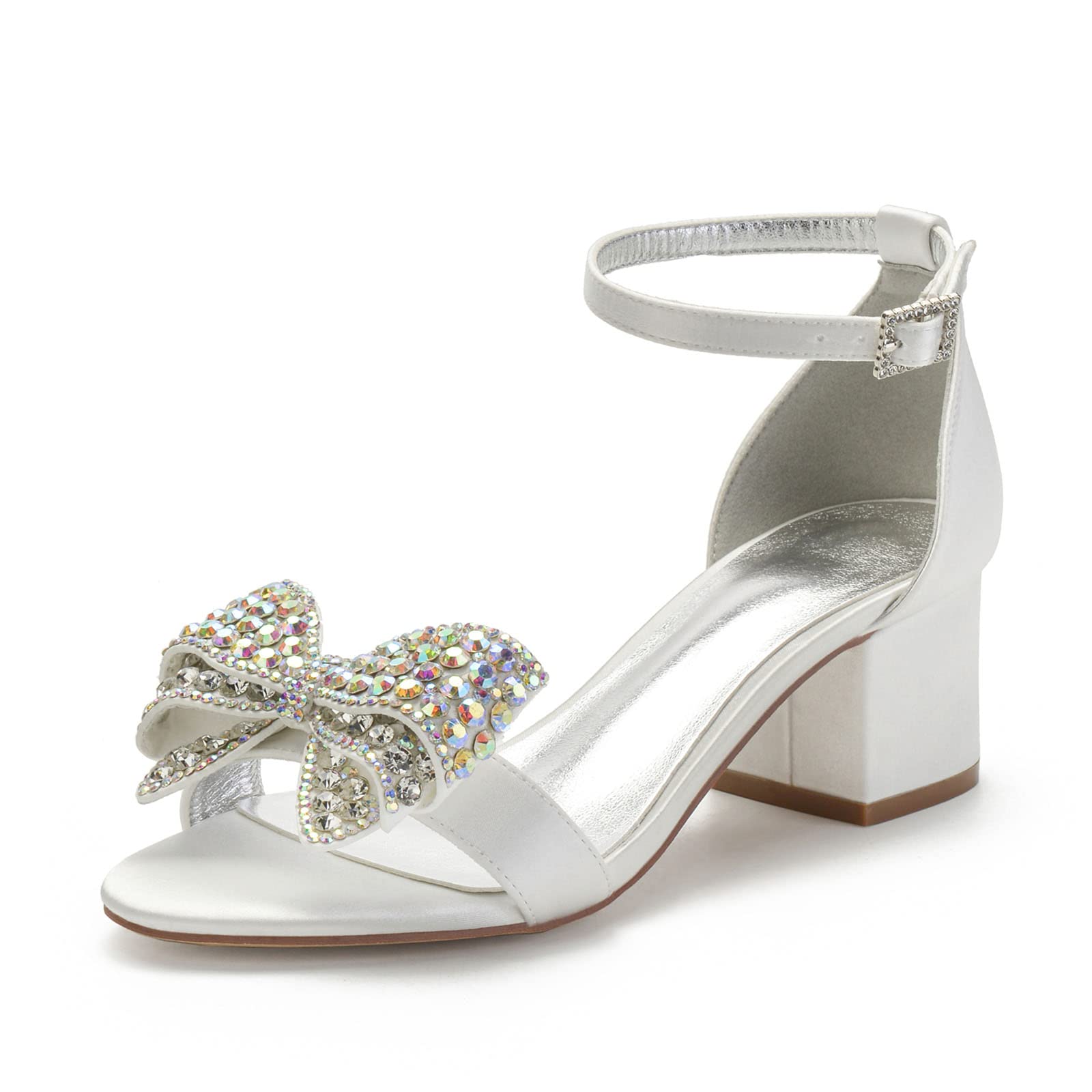 Sparkly Rhinestone Block Heel Sandals for Women - Ivory Wedding & Evening Party Shoes with Wide Width - Perfect for Bridal, Prom, Cocktail Dresses & Special Occasions