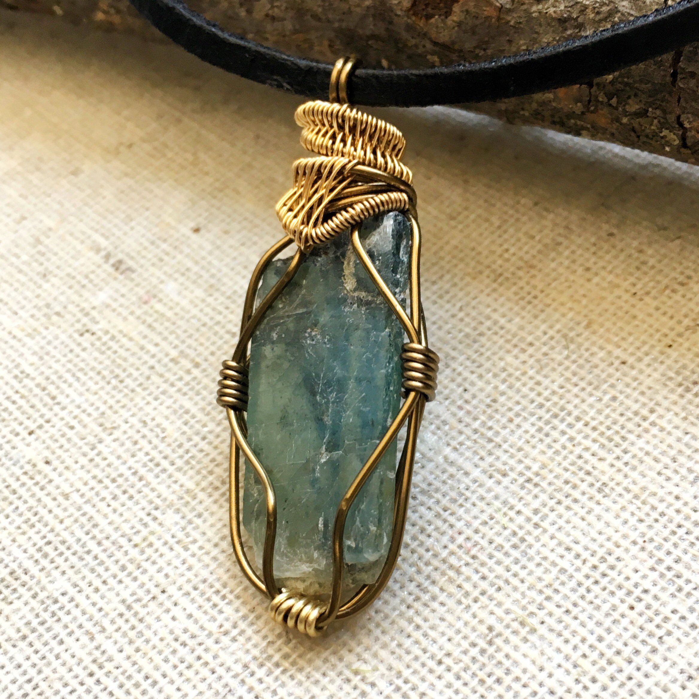 Handmade Gold & Antique Bronze Wire Wrapped Raw Green Kyanite Pendant Necklace - Natural Crystal Jewelry for Women, Boho Chic Gift, Spiritual Healing & Everyday Wear