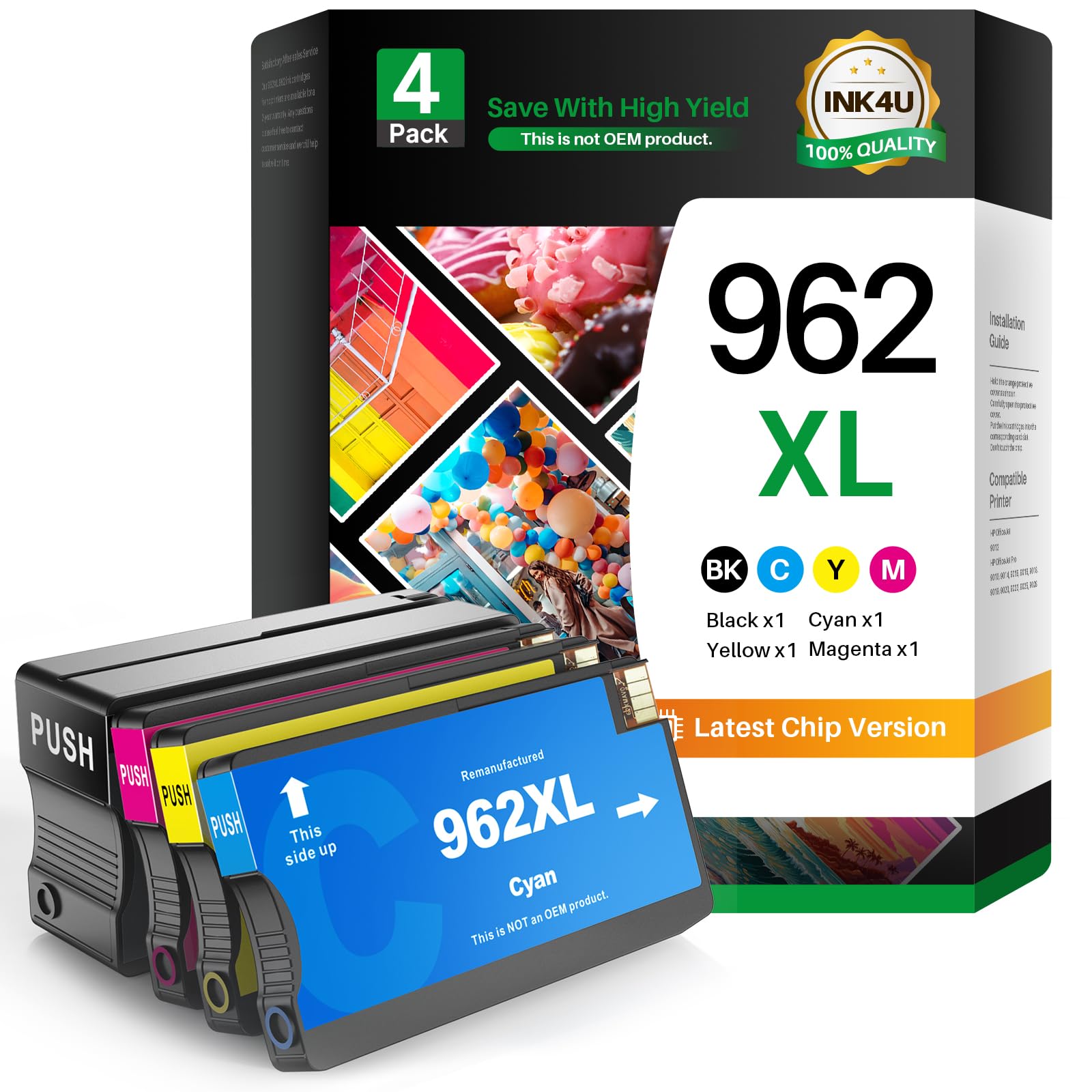 HP 962XL Ink Cartridges Combo Pack (4-Pack: 1BK/1C/1M/1Y) - High Yield Replacement for HP OfficeJet Pro 9010 9015 9018 9020 9022 9025 9028 Printers - Latest Upgraded Chip - Perfect for Home Office & Small Business Printing Needs