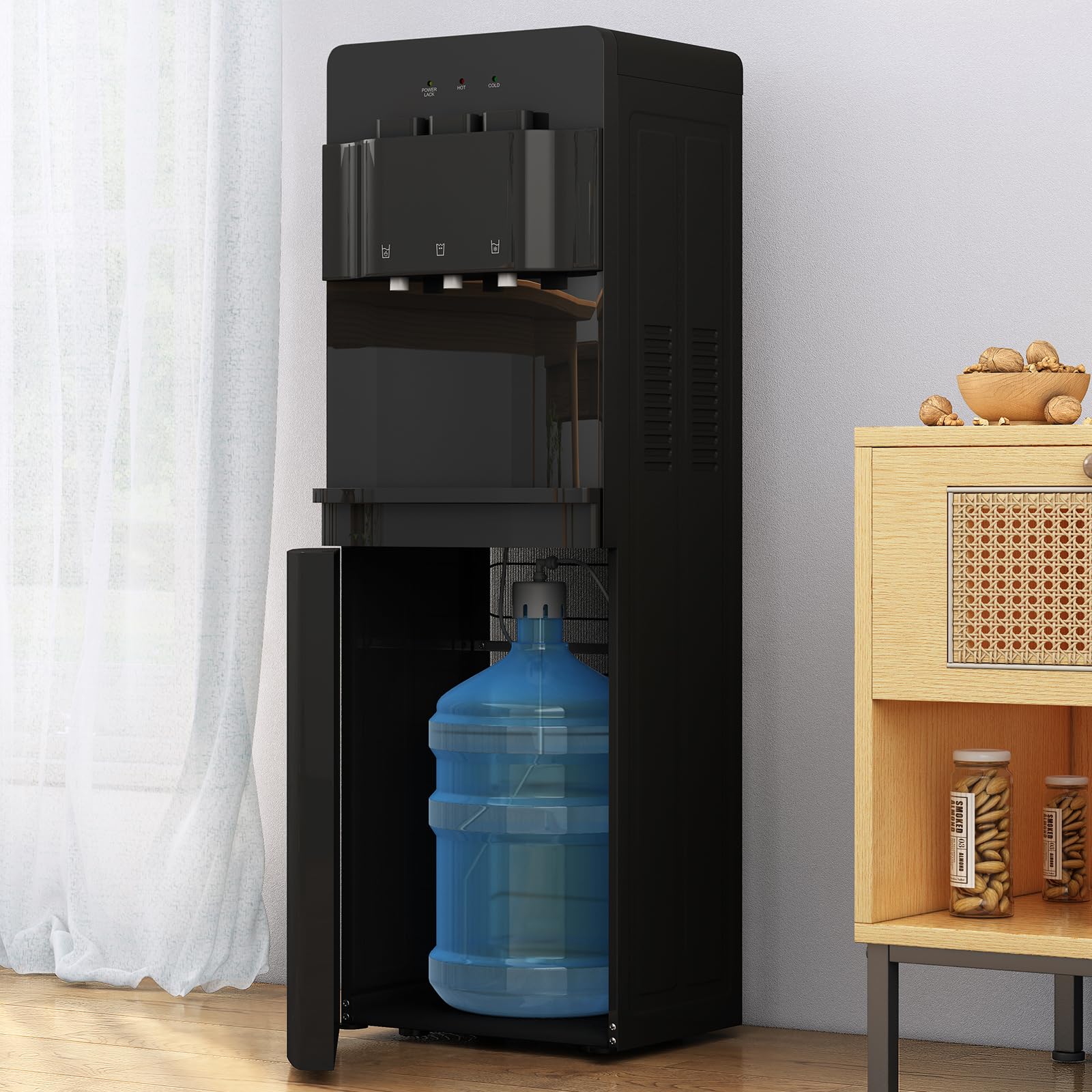 Muhub Bottom Loading Water Cooler Dispenser - 3/5 Gallon Hot & Cold Water Dispenser with Anti-Scalding Design, Storage Cabinet & Child Safety Lock - Perfect for Home Kitchens, Offices, Schools & Waiting Rooms (Black)