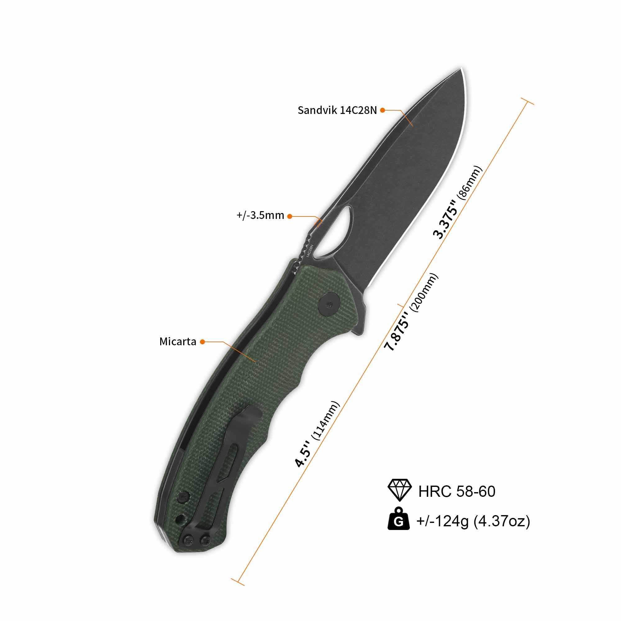 QSP Gorilla Liner Lock Pocket Knife - 14C28N Stainless Steel Blade with Green Micarta Handle - EDC Folding Knife for Camping, Hiking & Outdoor Survival
