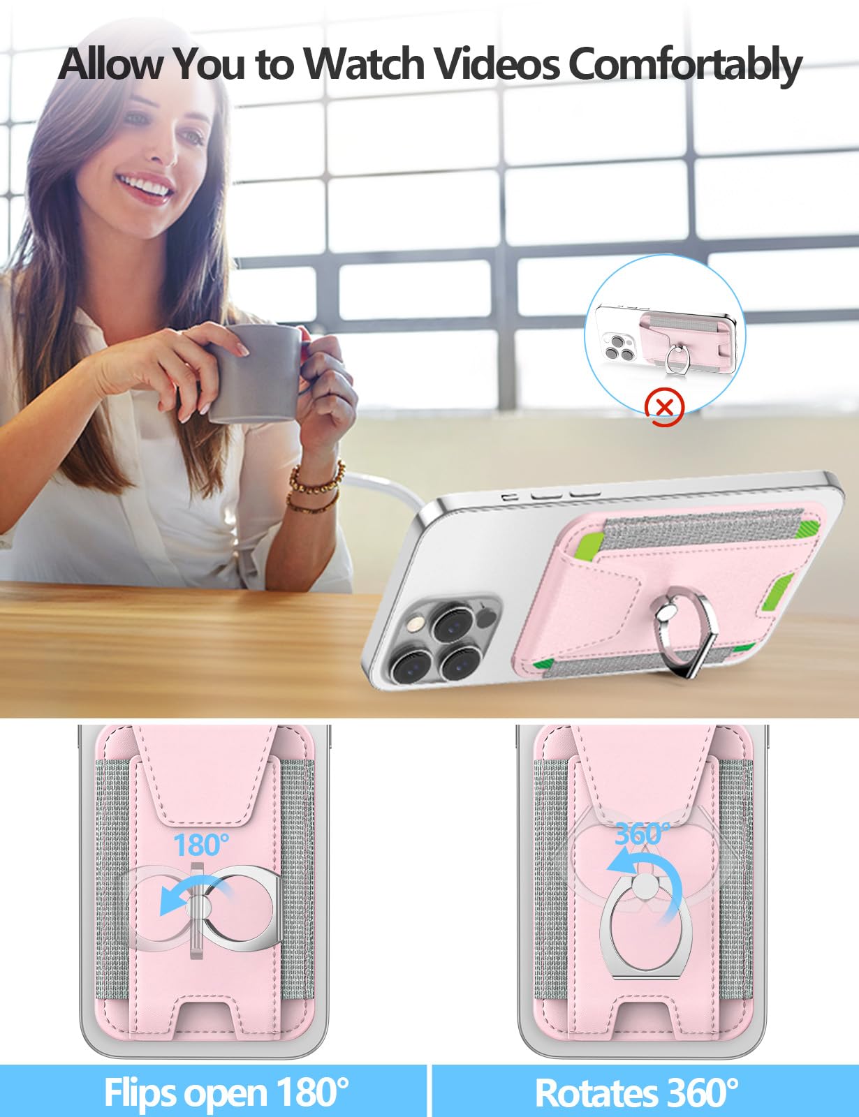 Magnetic Wallet for iPhone 16/15/14/13/12 Series - 6 Card Holder with Grip & RFID Blocking - Leather Magsafe Wallet with Privacy Flap (Pink) - Perfect for Daily Use, Travel & Secure Contactless Payments