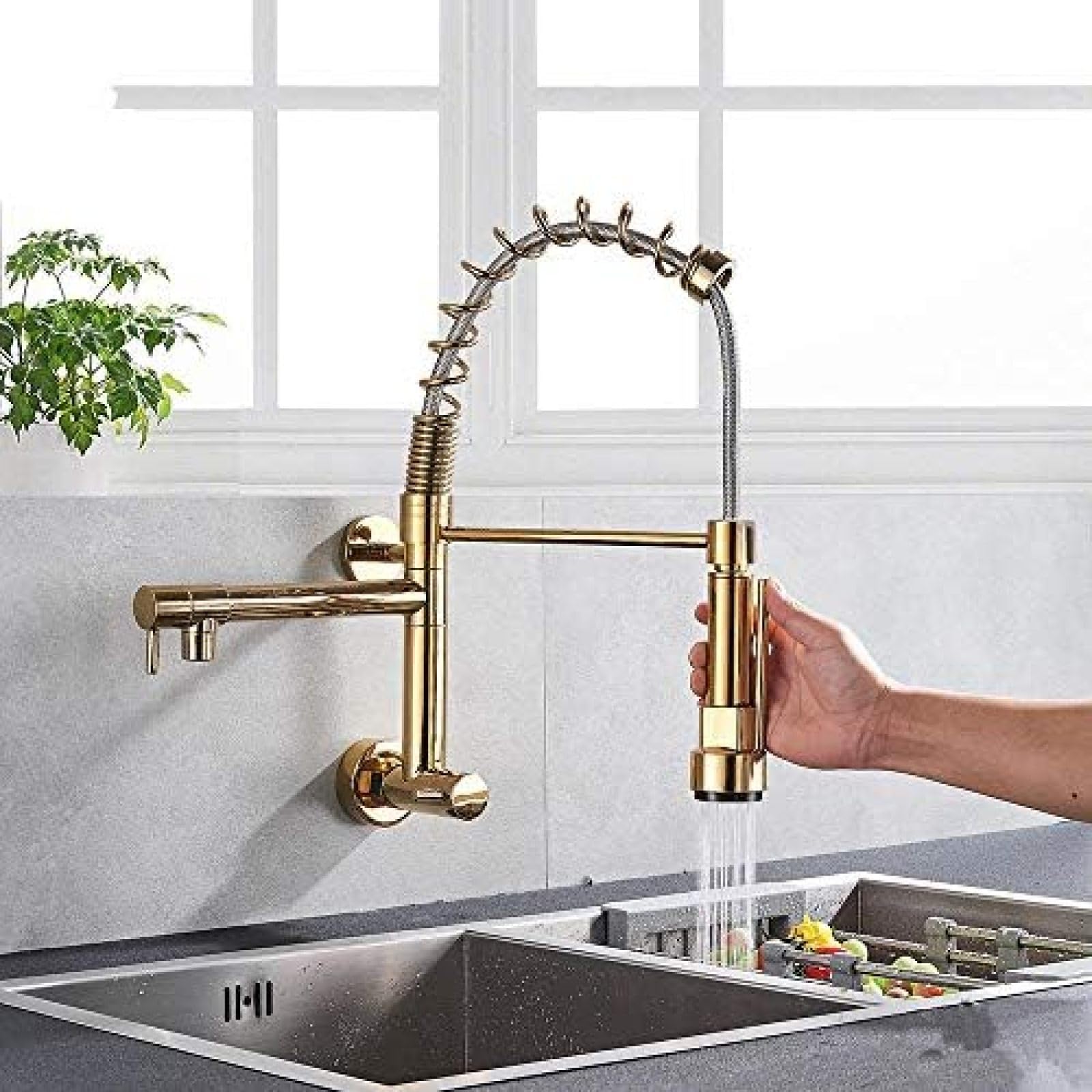 CRJUS Golden Spring Kitchen Faucet with Swivel Side Sprayer - Dual Spout Cold Water Sink Tap with 360° Rotation - Perfect for Modern Kitchens, Dishwashing & Food Prep
