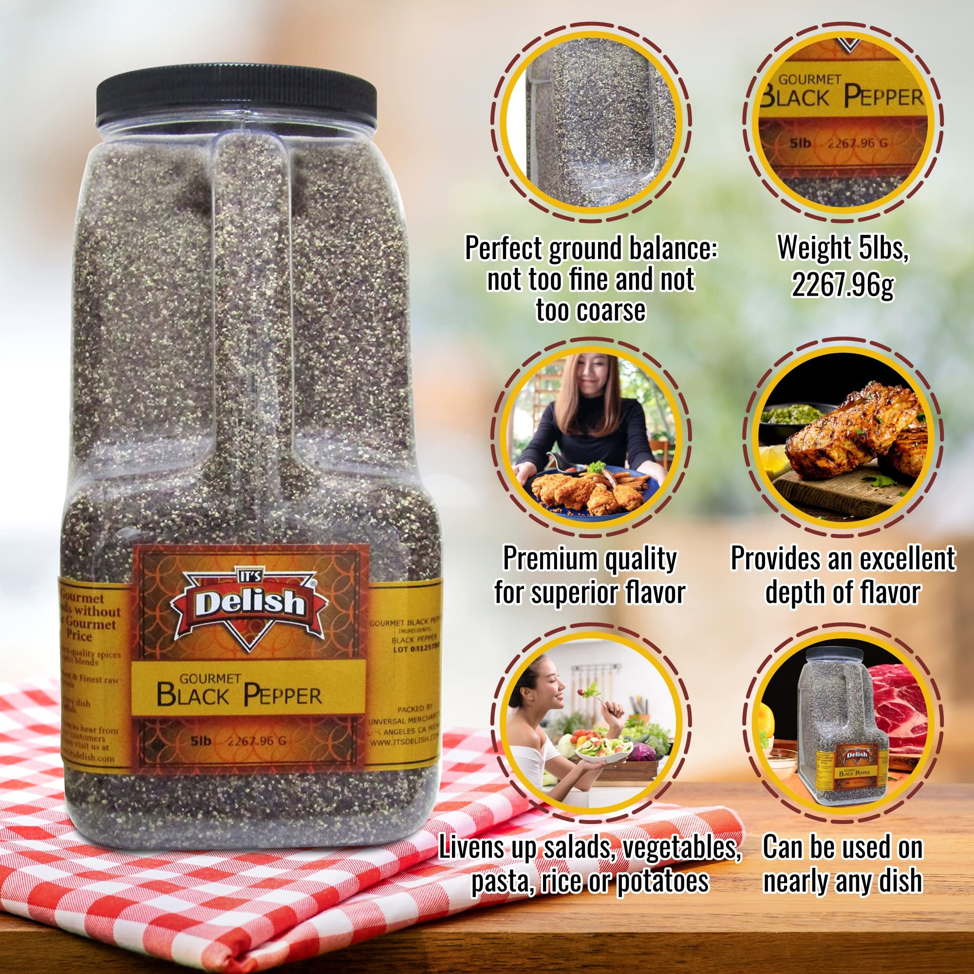 Premium Gourmet Ground Black Pepper by It’s Delish – 5 LB Bulk Restaurant Size with Handle | All Natural, Kosher Certified Table Grind Spice | Perfect for Cooking, Seasoning & Food Presentation