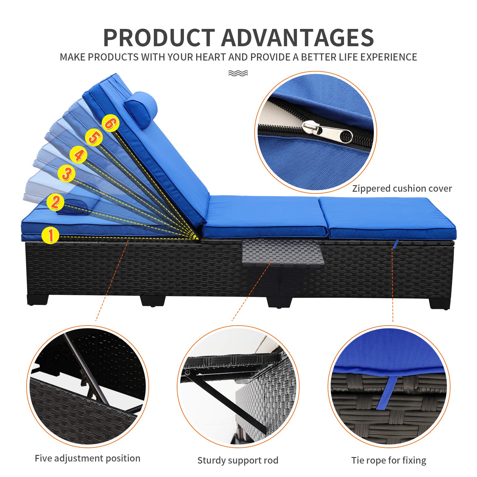 Premium WAROOM Outdoor Chaise Lounge Chairs Set of 2 - Black Wicker Rattan Reclining Pool Sunbathing Chairs with Adjustable Backrest & Royal Blue Cushions - Perfect for Patio, Garden, Poolside Relaxation and Backyard Lounging
