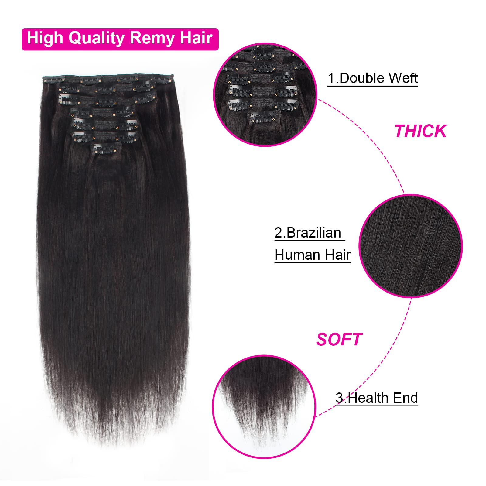 12 Inch Thick Yaki Straight Clip-in Human Hair Extensions - 120g 7-Piece Set with 17 Clips for Black Women | Natural Black Double Weft Real Human Hair | Perfect for Daily Styling, Parties & Special Occasions