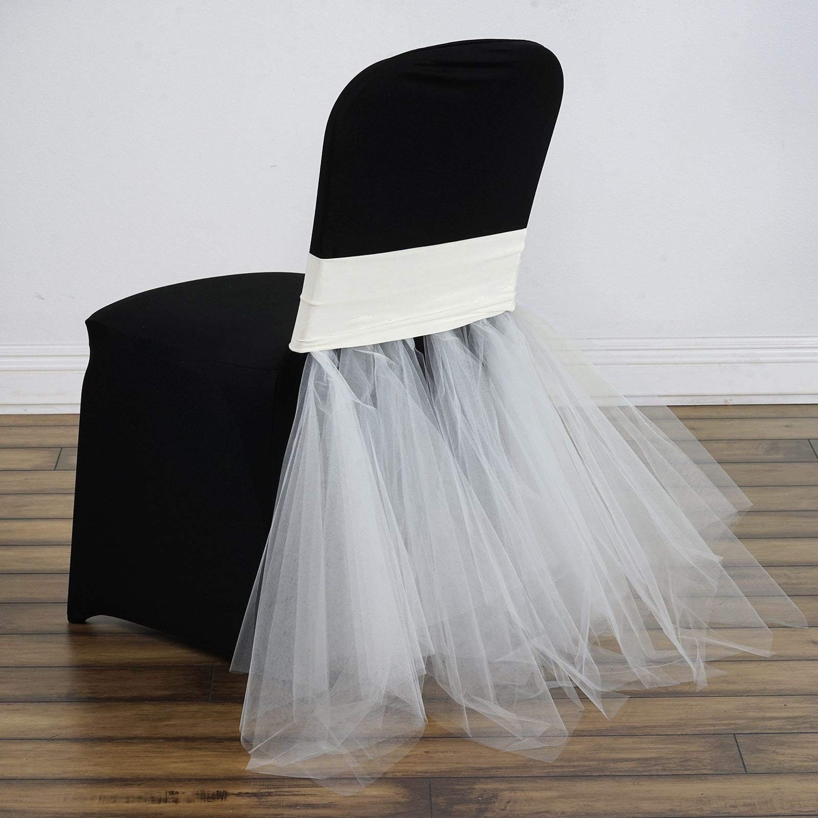 Efavormart 50pcs Ivory Stretchy Spandex Tulle Tutu Chair Skirts - Wedding Party Banquet Decor, Dining Event Table Cover for Bridal Shower, Baby Shower & Reception Decorations