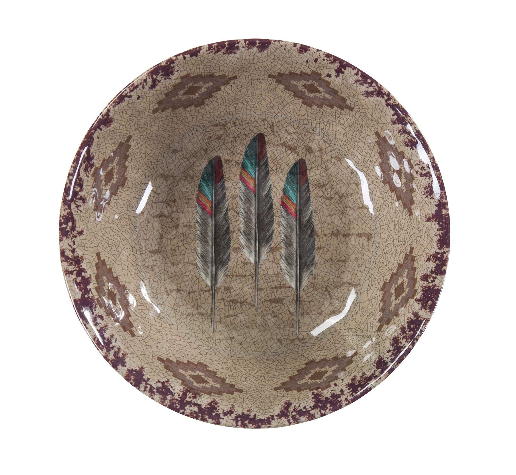 HiEnd Accents 14-Piece Melamine Dinnerware Set - Western Style Feather Print in Orange, Tan, Brown & Teal - Durable Plastic Plates, Bowls & Serving Dish - Southwestern Aztec Tribal Design for Rustic Dining | Perfect for Outdoor Picnics, BBQ Parties & Southwestern-Themed Decor