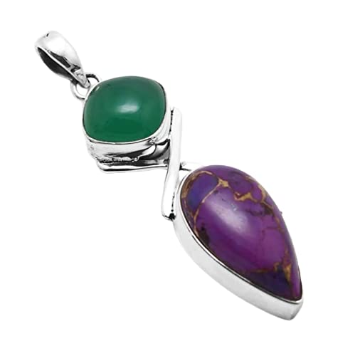 925 Sterling Silver Purple Copper Turquoise & Green Onyx Pendant Necklace - Two Stone Dainty Jewelry for Women, Birthday Gift for Mom, Christmas Present | Perfect for Everyday Wear, Special Occasions & Gift Giving