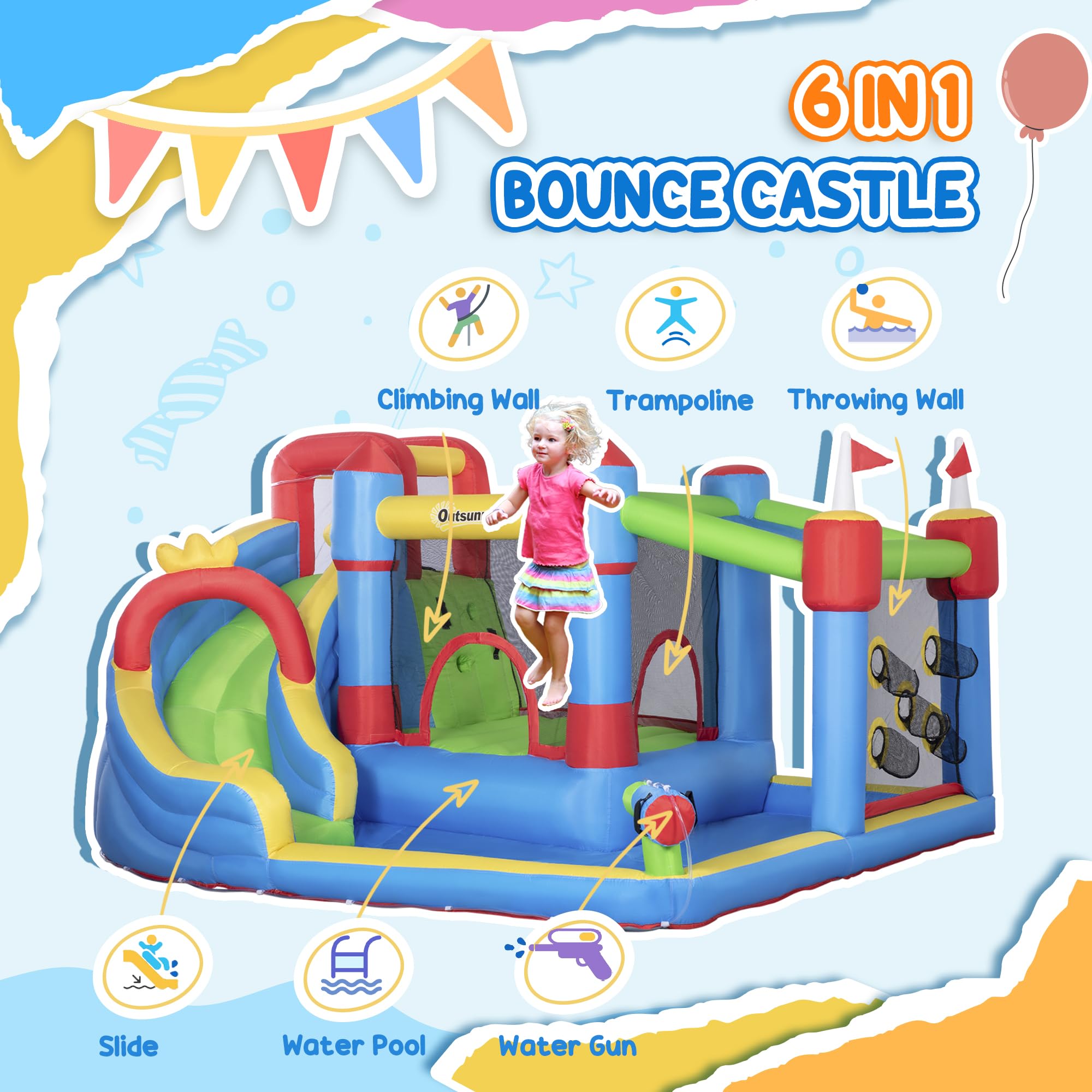 Outsunny 6-in-1 Inflatable Bounce House with Slide, Climbing Wall & Water Cannon - Kids Outdoor Water Play Bouncer with 2 Min Quick Inflation Pump - Perfect for Backyard Parties, Summer Fun & Birthday Celebrations