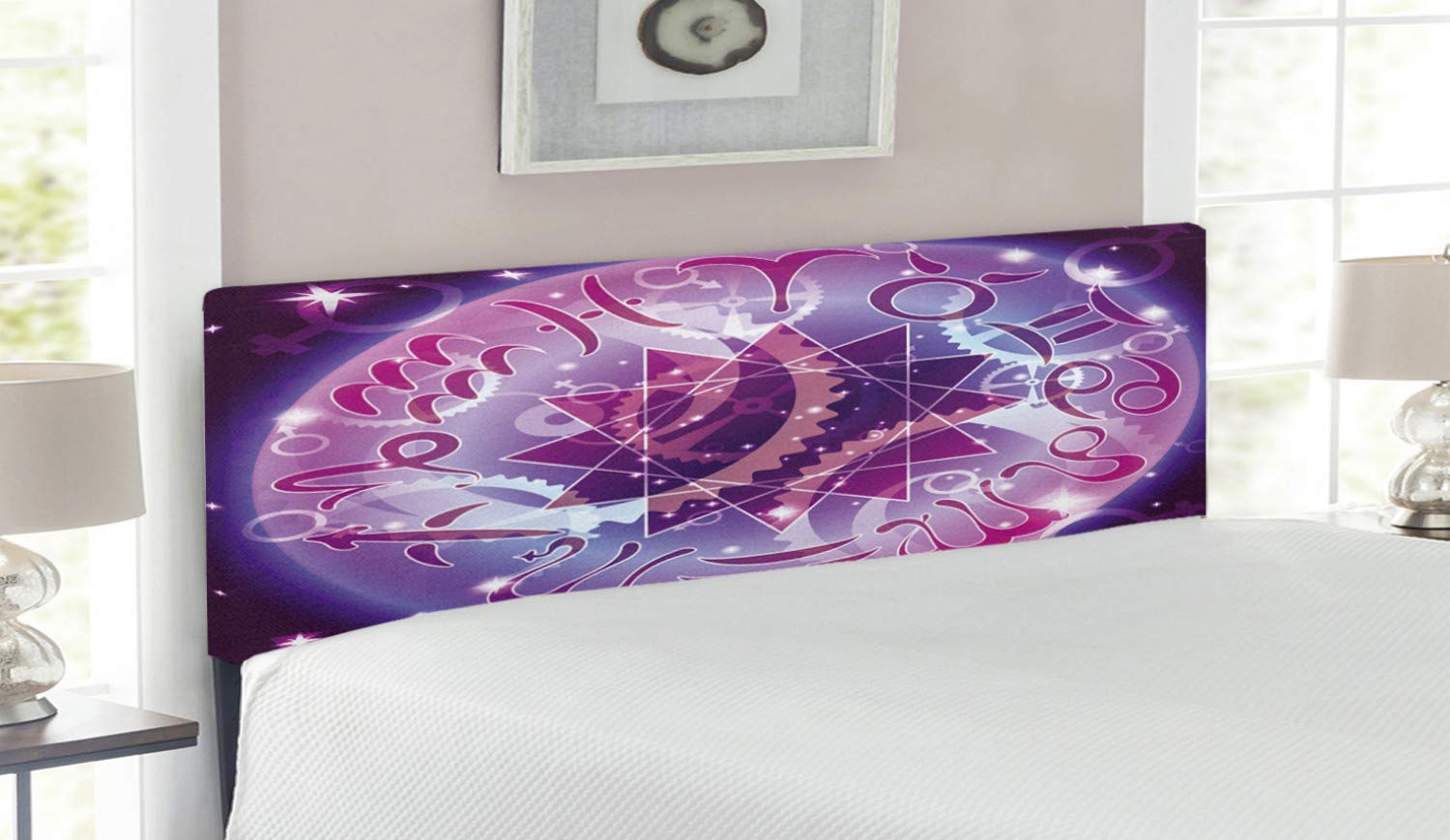 Ambesonne Astrology Upholstered Headboard - Zodiac Circle Space Design with Abstract Gender Signs & Star Center, Memory Foam Decorative Metal Bed Headboard, Queen Size, Purple & Pale Blue - Perfect for Bedroom Decor, Astrology Lovers & Celestial Theme Rooms