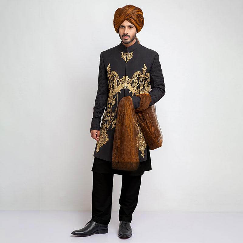 Black Slim Fit Short Sherwani for Men - Elegant Traditional Indian Wedding Outfit for Groom, Festivals & Special Occasions