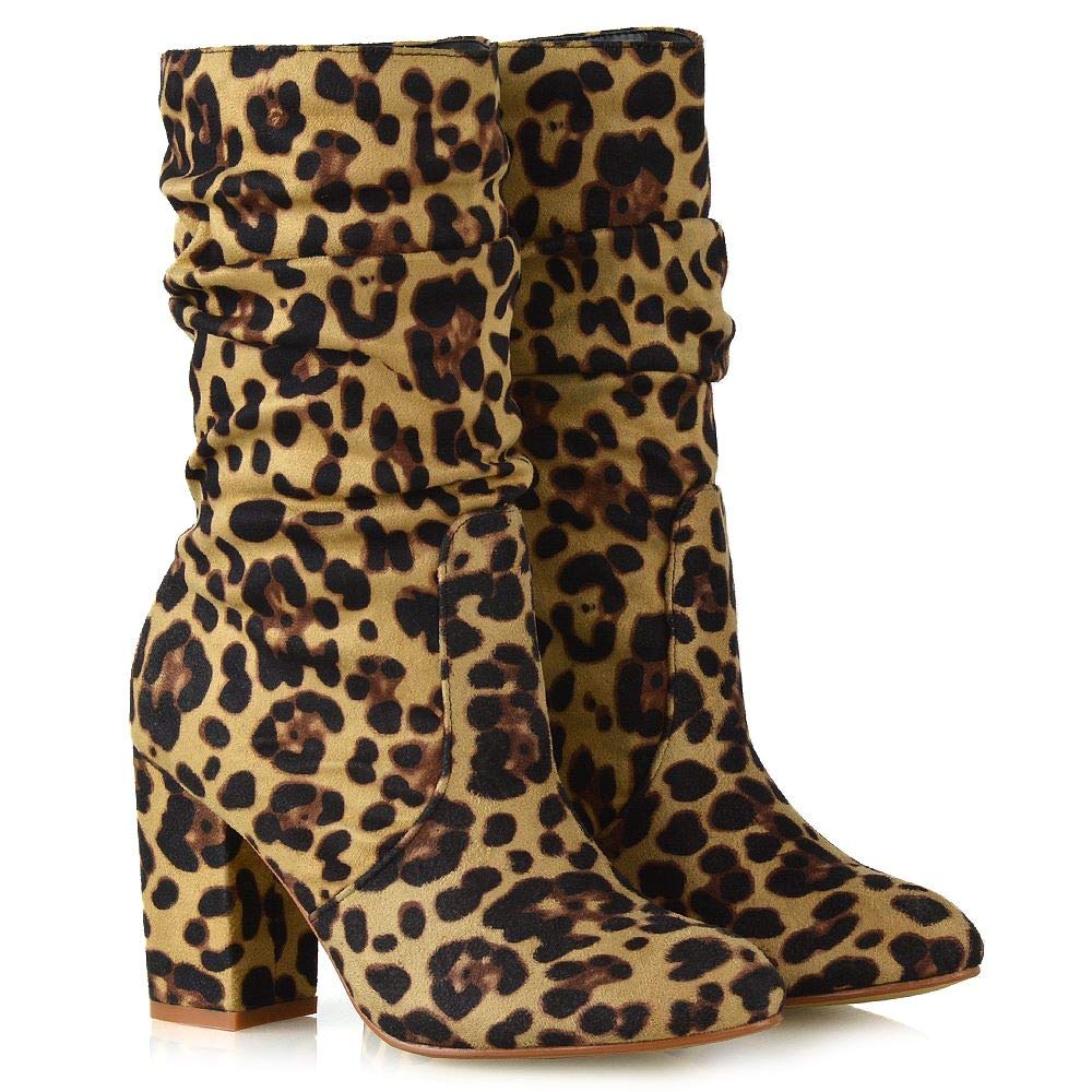 Women's Mid Calf High Heel Boots - Winter Faux Suede Pull On Shoes with Ruched Detailing for Ladies | Perfect for Office, Date Night & Winter Fashion