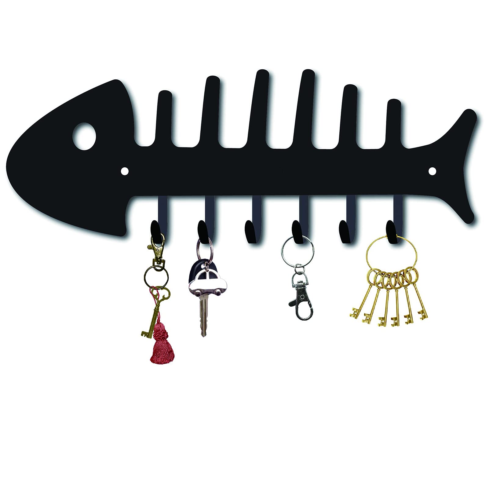 CREATCABIN Fishbone Key Holder Wall Mounted - 6 Hooks Organizer for Keys, Towels & More - Rustic Decorative Hanger for Bathroom, Kitchen, Entryway & Door (Includes Screws & Anchors) 10.6