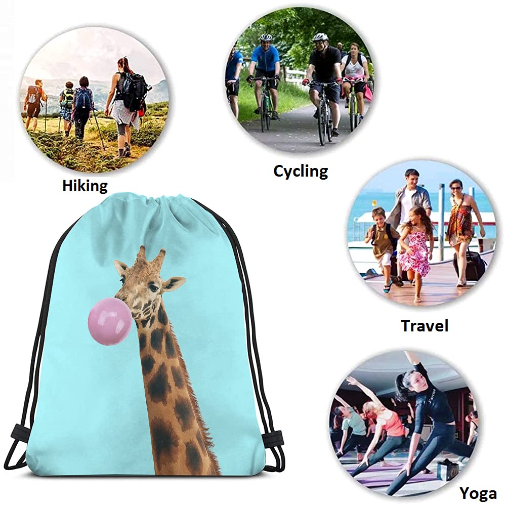 Funny Giraffe Drawstring Backpack - Adorable Animal Print Gym Sack for Men & Women | Perfect for Yoga, Sports, Travel & Beach | Cool Blue Wild African Design with Bubble Gum Theme