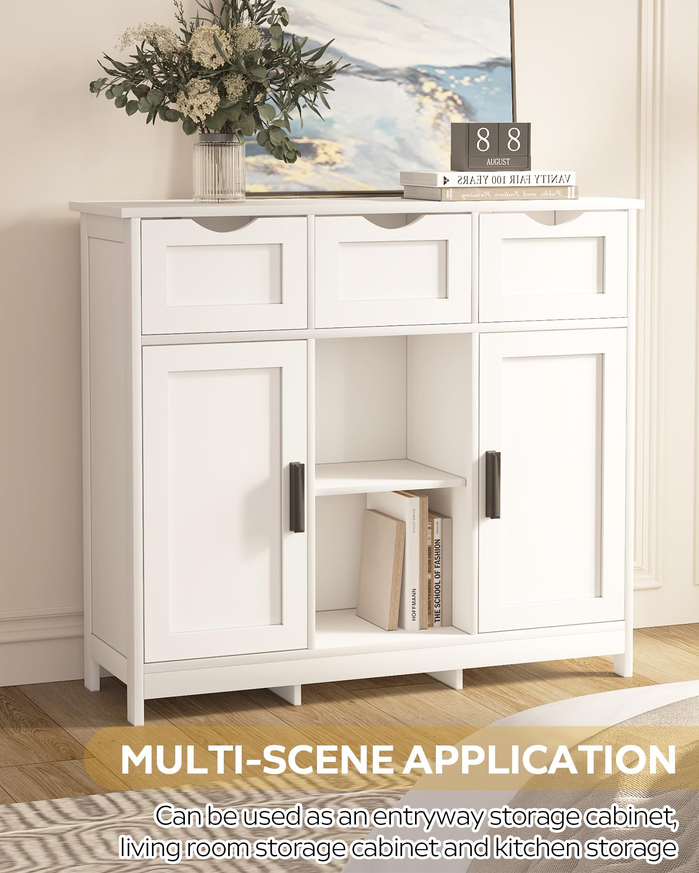 Wooden Storage Cabinet with Drawers & Shelves - Living Room, Bedroom, Bathroom Furniture (White)